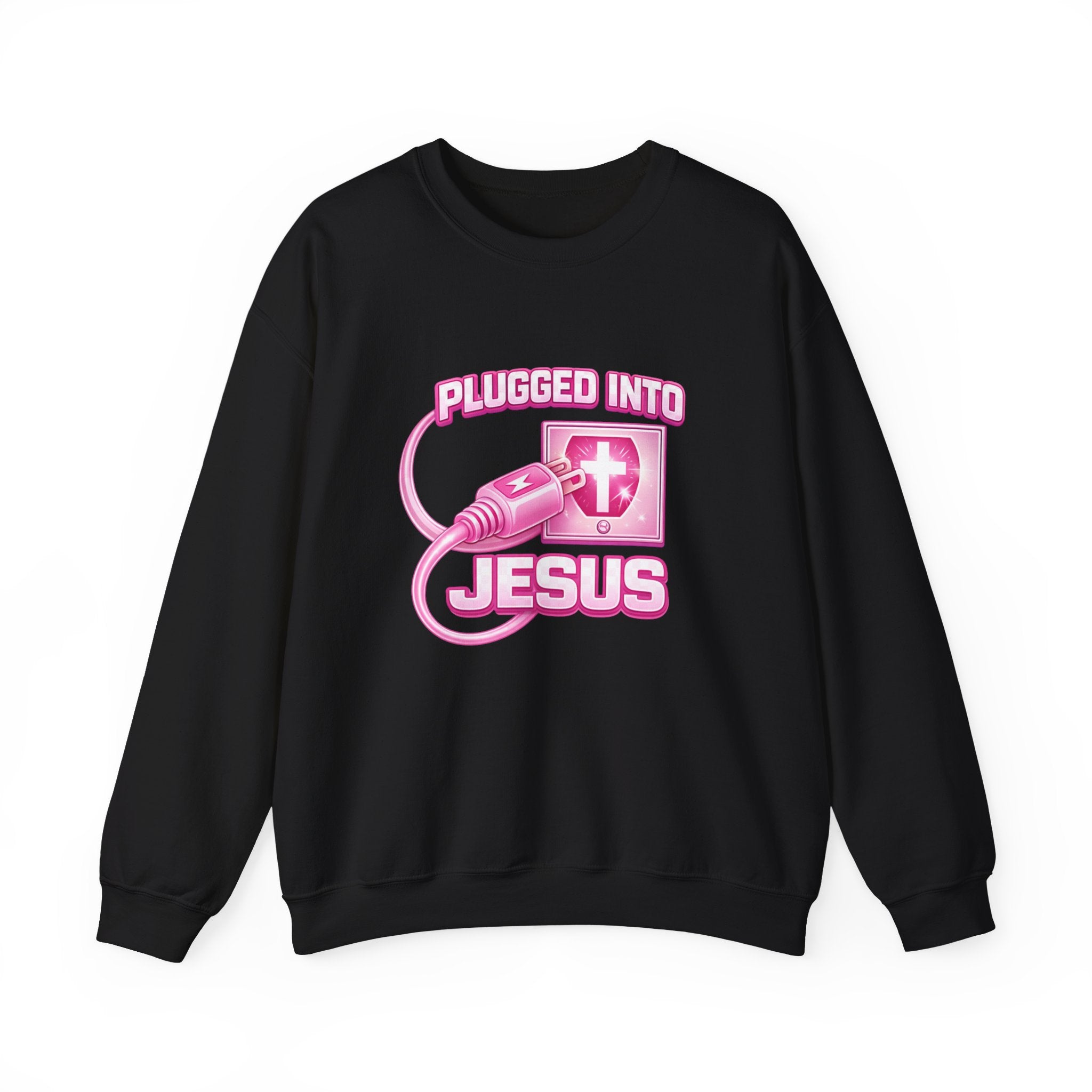 Womens Christian Crewneck Sweatshirt — "Plugged Into Jesus" Pink Graphic
