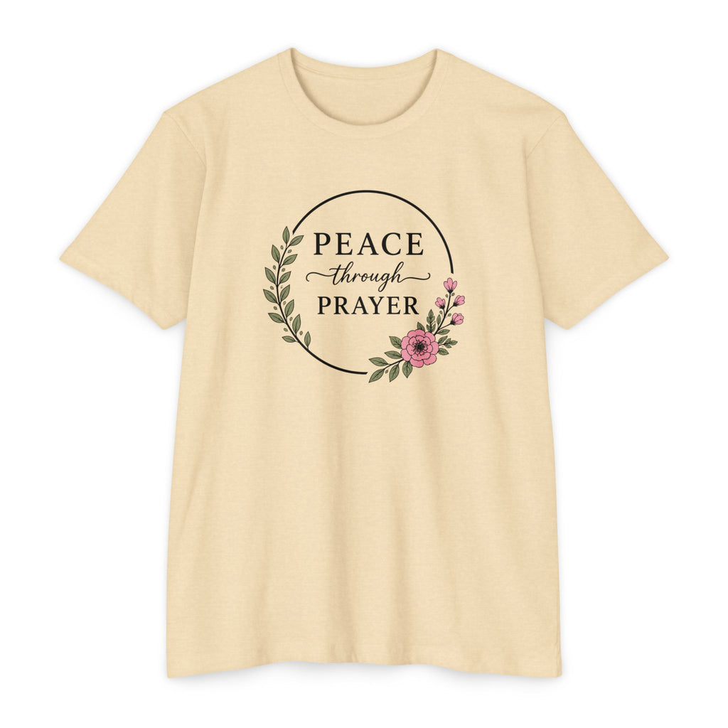 Womens Peace Through Prayer T-Shirt | Christian Faith Cross