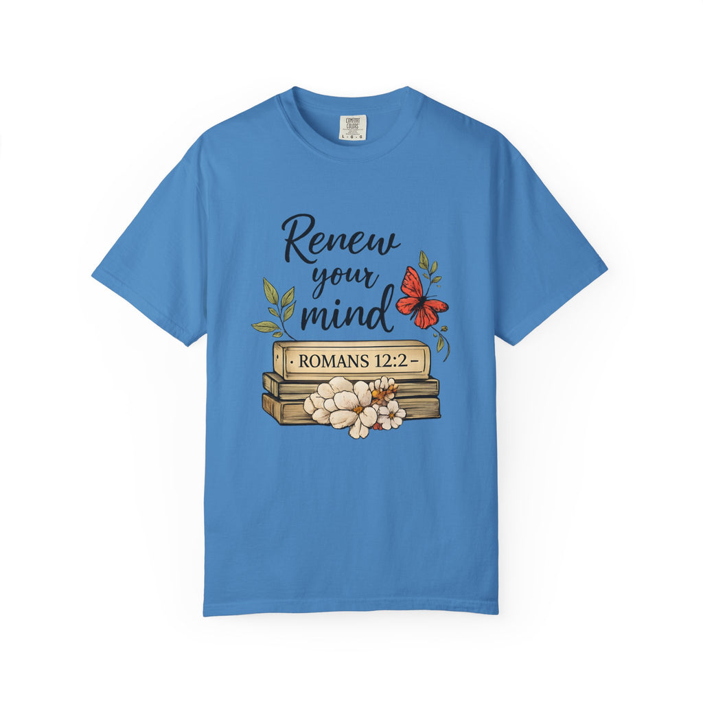 Renew Your Mind T-Shirt – Romans 12:2 Floral Butterfly Christian Tee