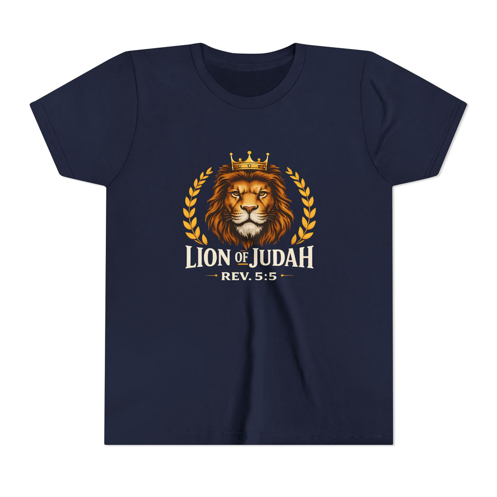 Boys Youth T-Shirt — 'Lion of Judah' Crowned Lion Biblical Tee (Rev. 5:5)
