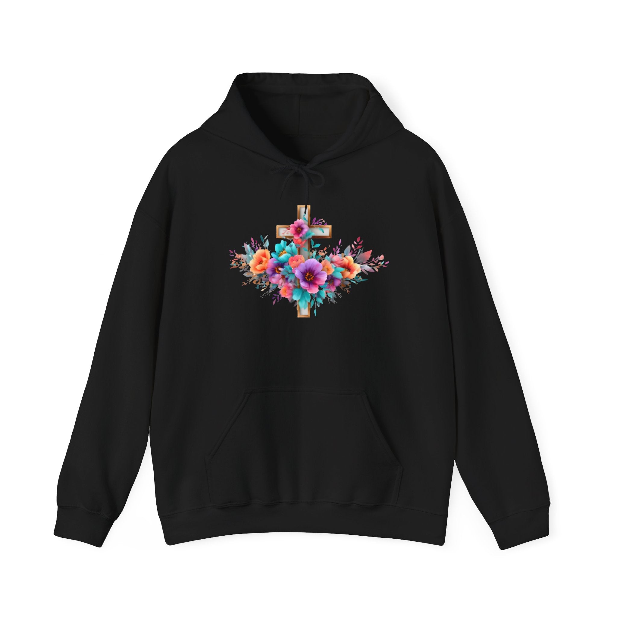 Floral Cross Hoodie – Colorful Watercolor Flowers Religious Sweatshirt