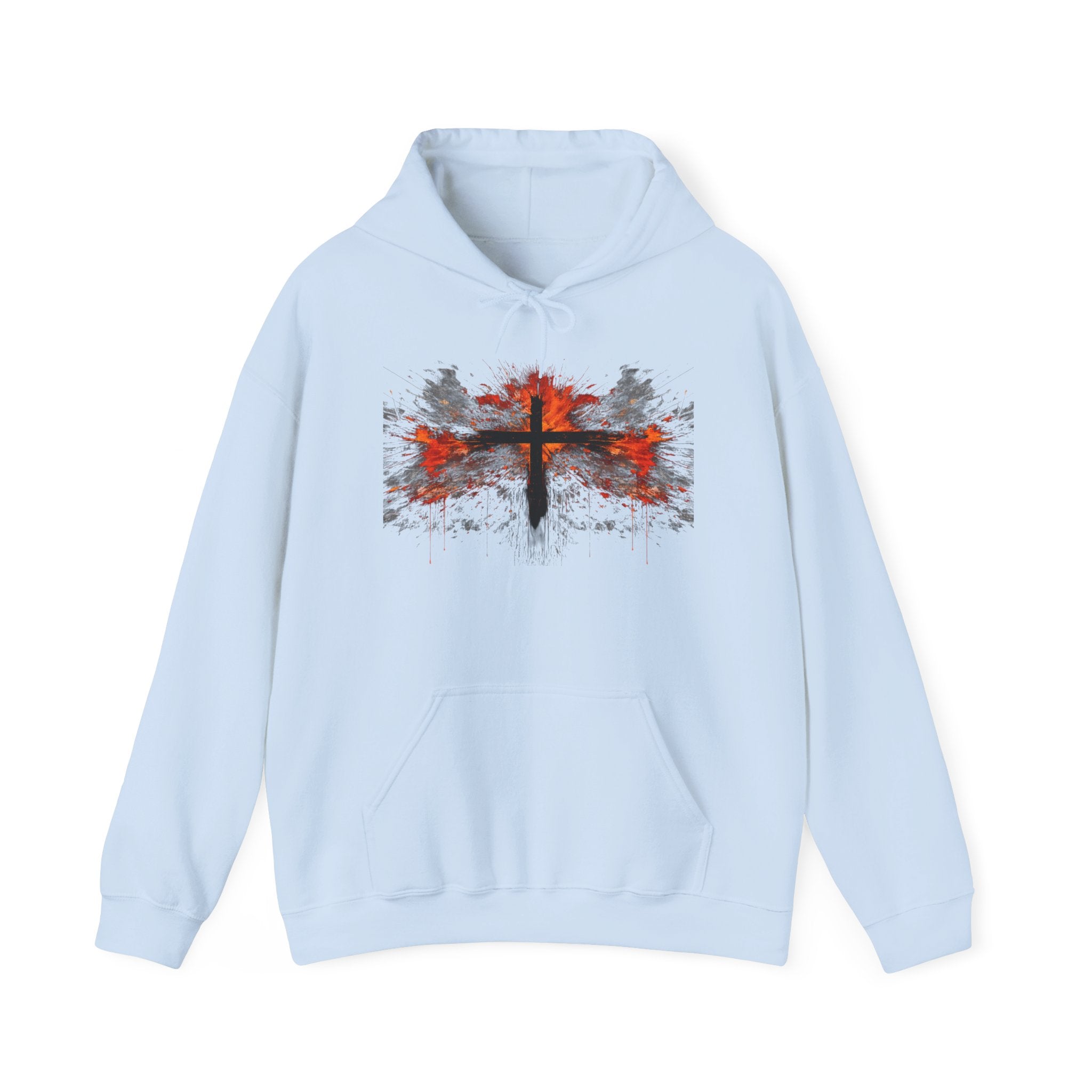 Mens Christian Cross Hoodie — Grunge Red & Black Faith Pullover