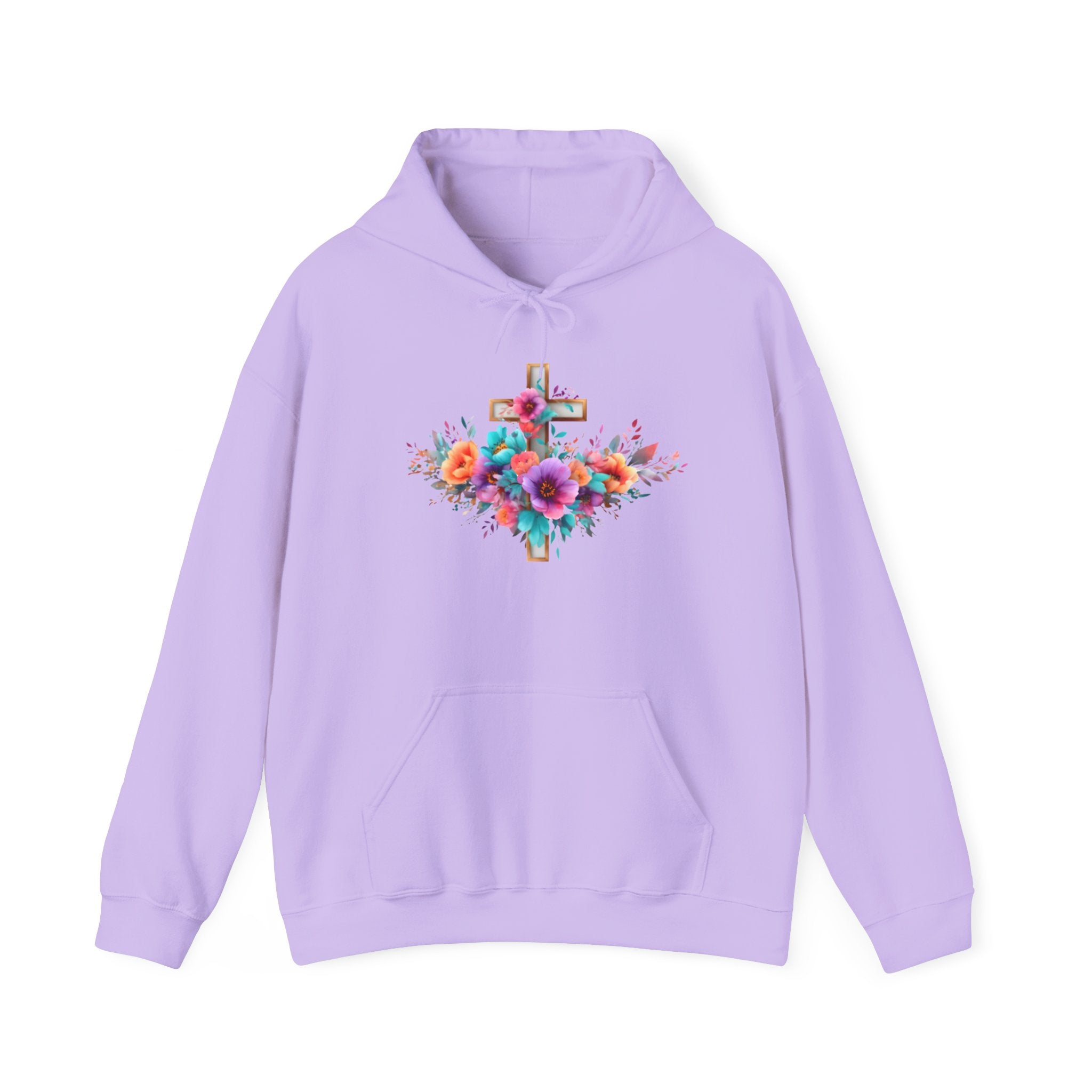 Floral Cross Hoodie – Colorful Watercolor Flowers Religious Sweatshirt