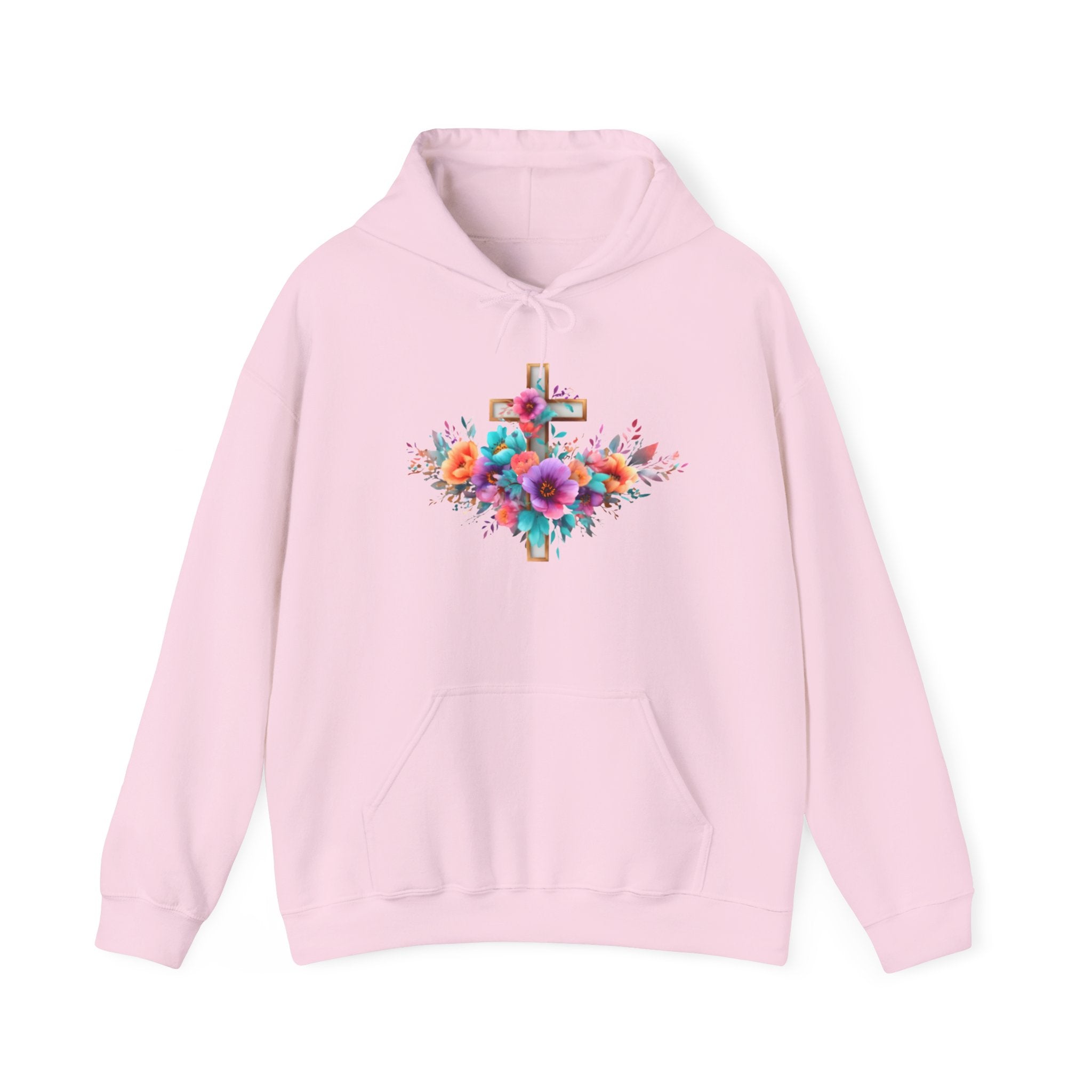Floral Cross Hoodie – Colorful Watercolor Flowers Religious Sweatshirt