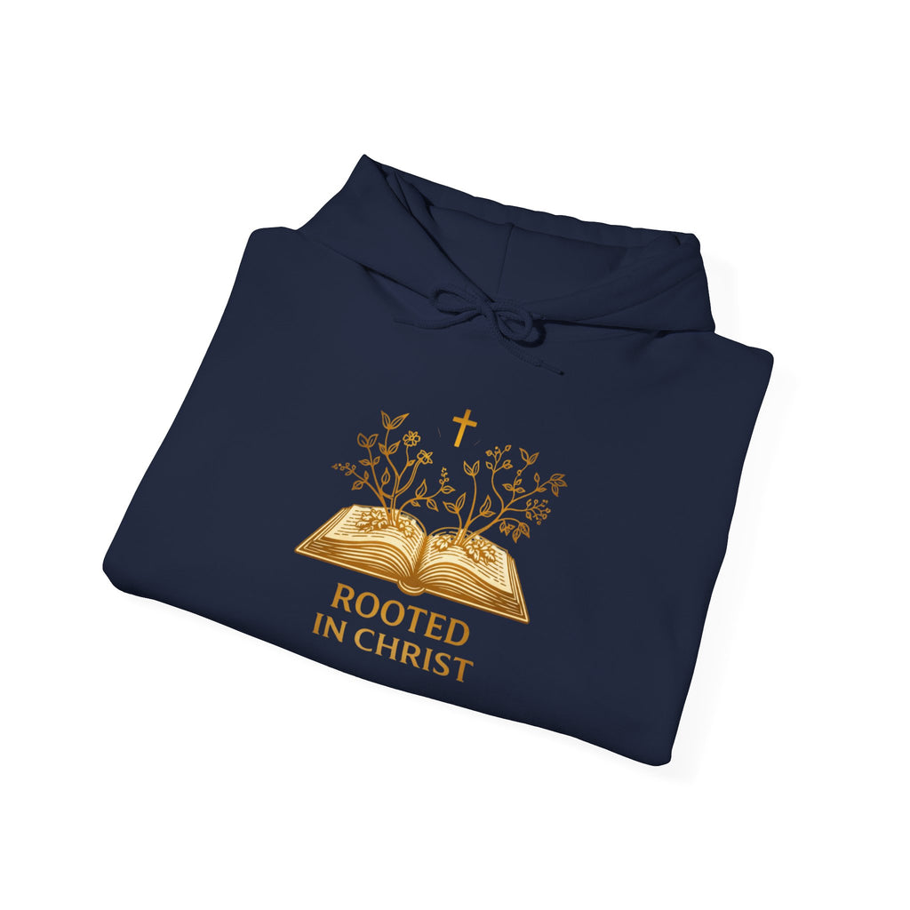 Womens Rooted in Christ Hoodie — Christian Faith Bible Cross Pullover