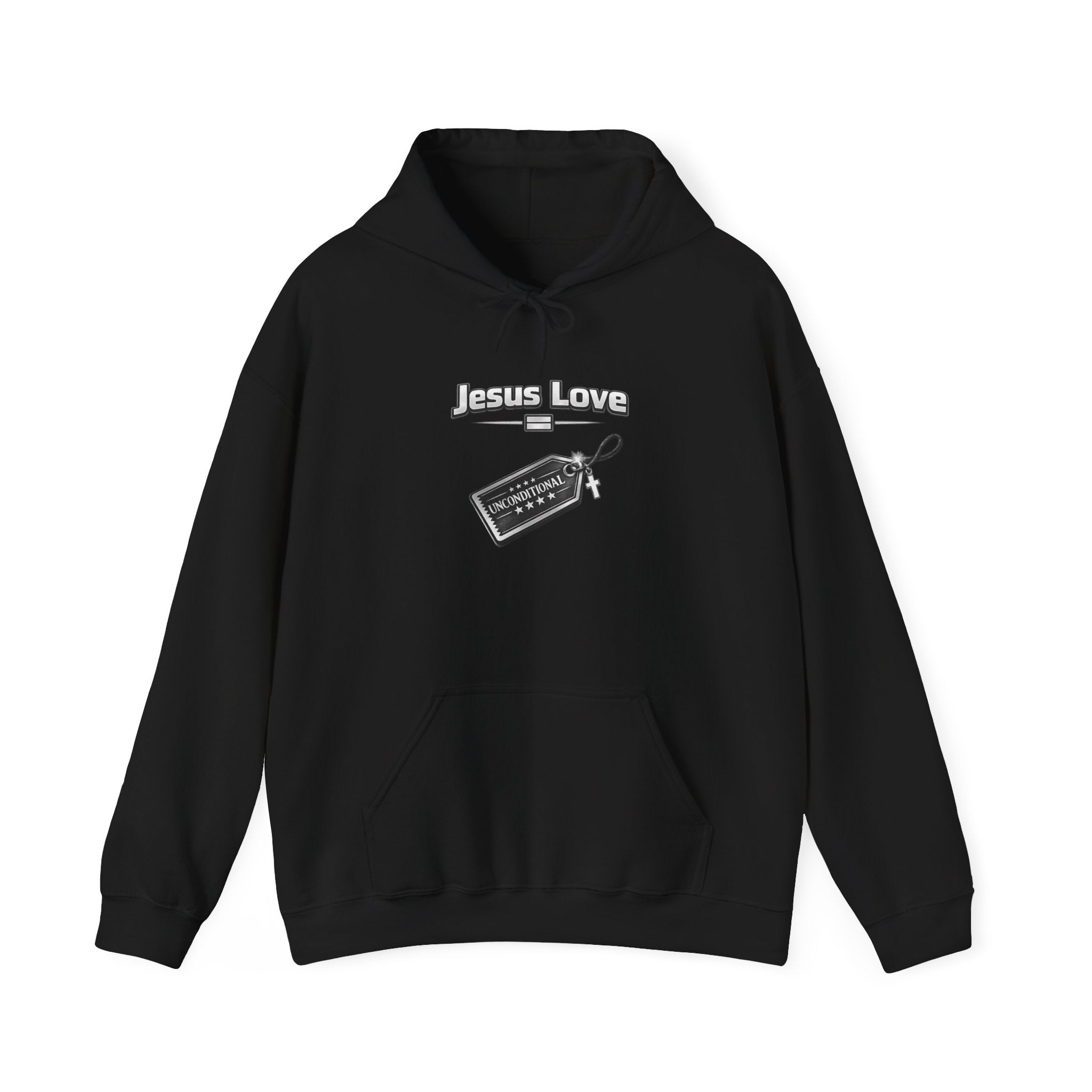 Jesus Love Hoodie with Cross & Tag Graphic — Christian Faith Pullover