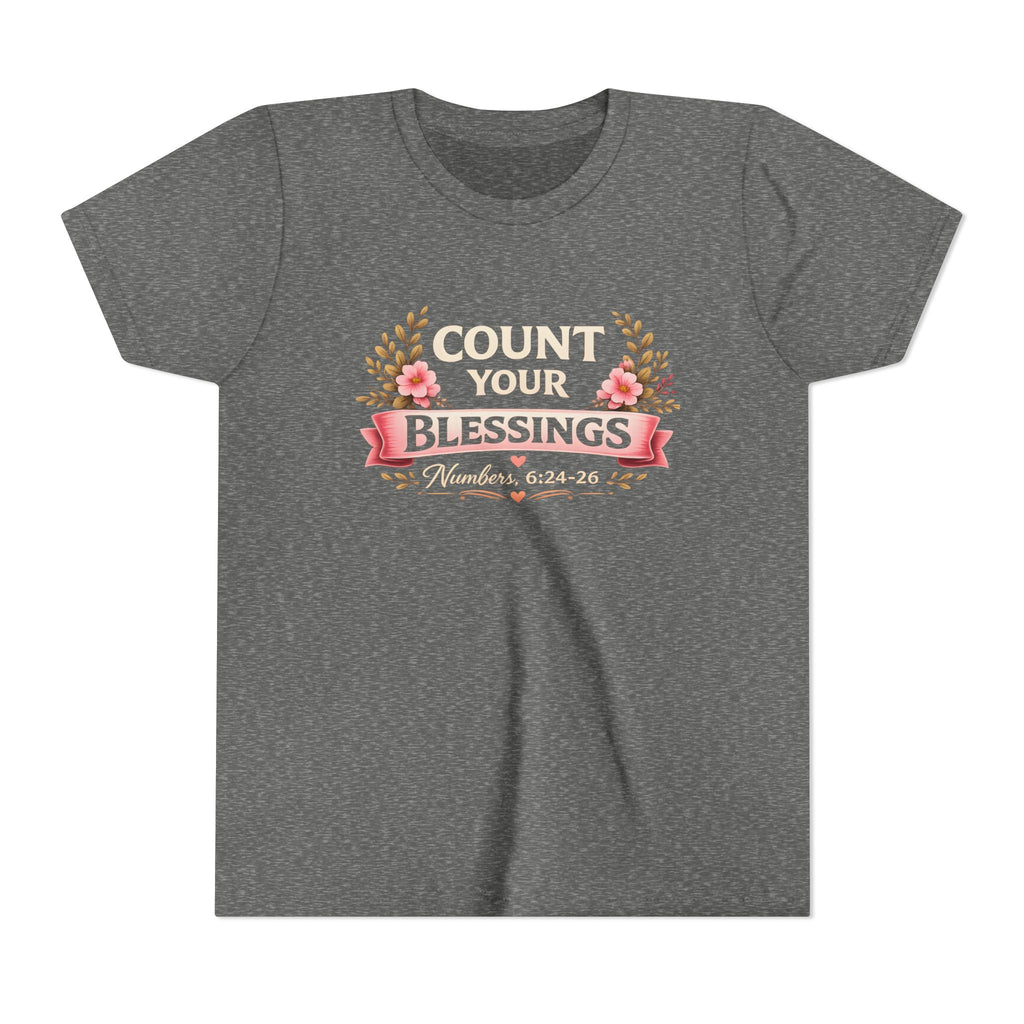 Girls Youth Tee - "Count Your Blessings" Floral Scripture Kids Shirt (Numbers 6:24-26)