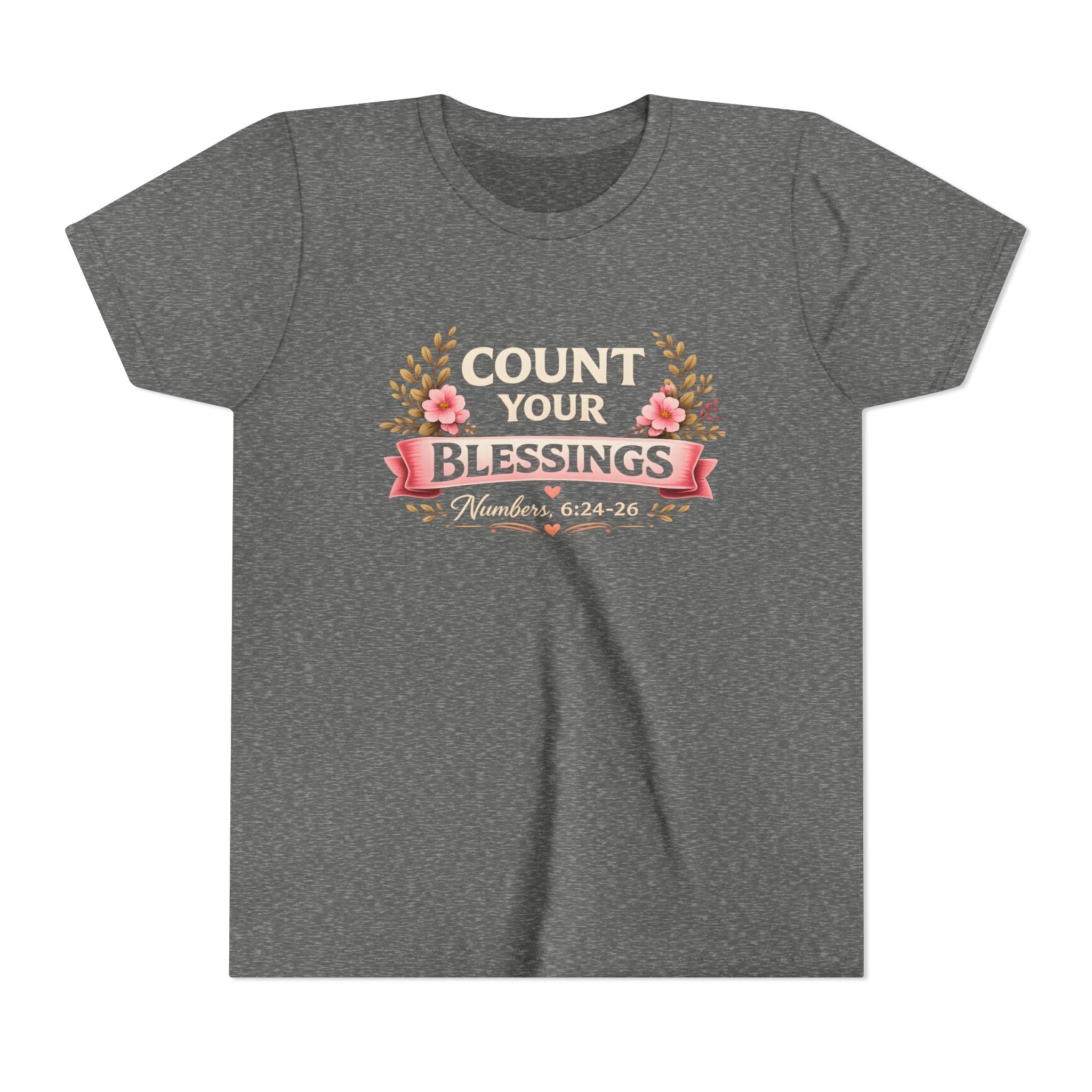 Girls Youth Tee - "Count Your Blessings" Floral Scripture Kids Shirt (Numbers 6:24-26)