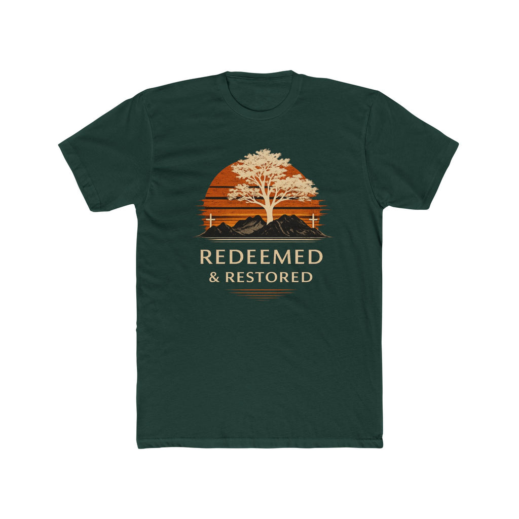 Redeemed & Restored Tee — Faith-Inspired Tree Sunset Graphic T-Shirt