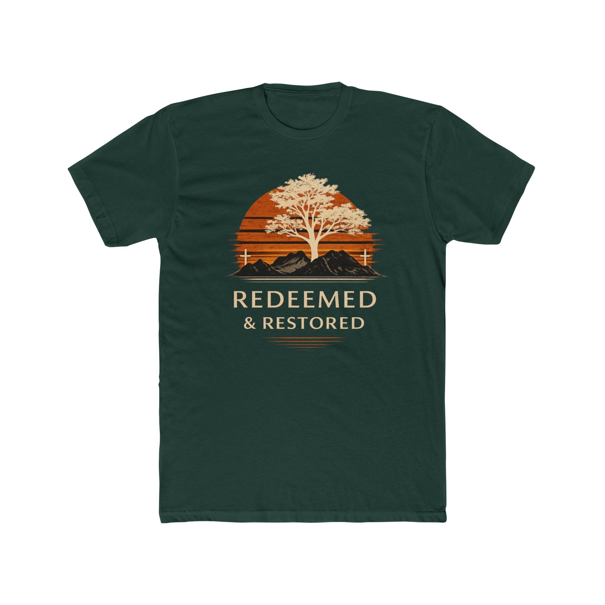 Redeemed & Restored Tee — Faith-Inspired Tree Sunset Graphic T-Shirt