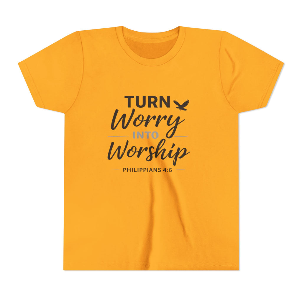 Boys Youth Tee - "Turn Worry Into Worship" Philippians 4:6 Christian Kids Shirt