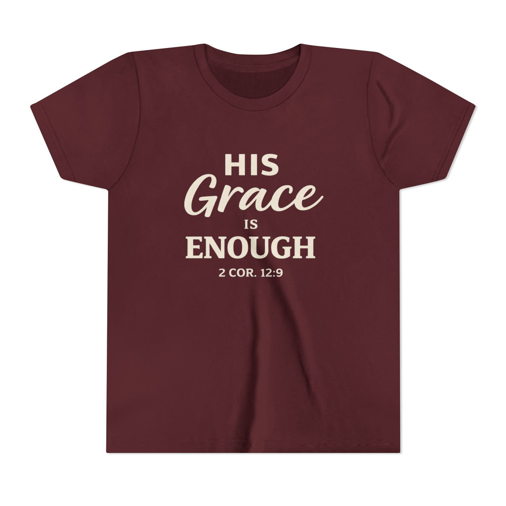 Boys Youth Tee — "His Grace Is Enough" Christian Faith Shirt (2 Cor. 12:9)