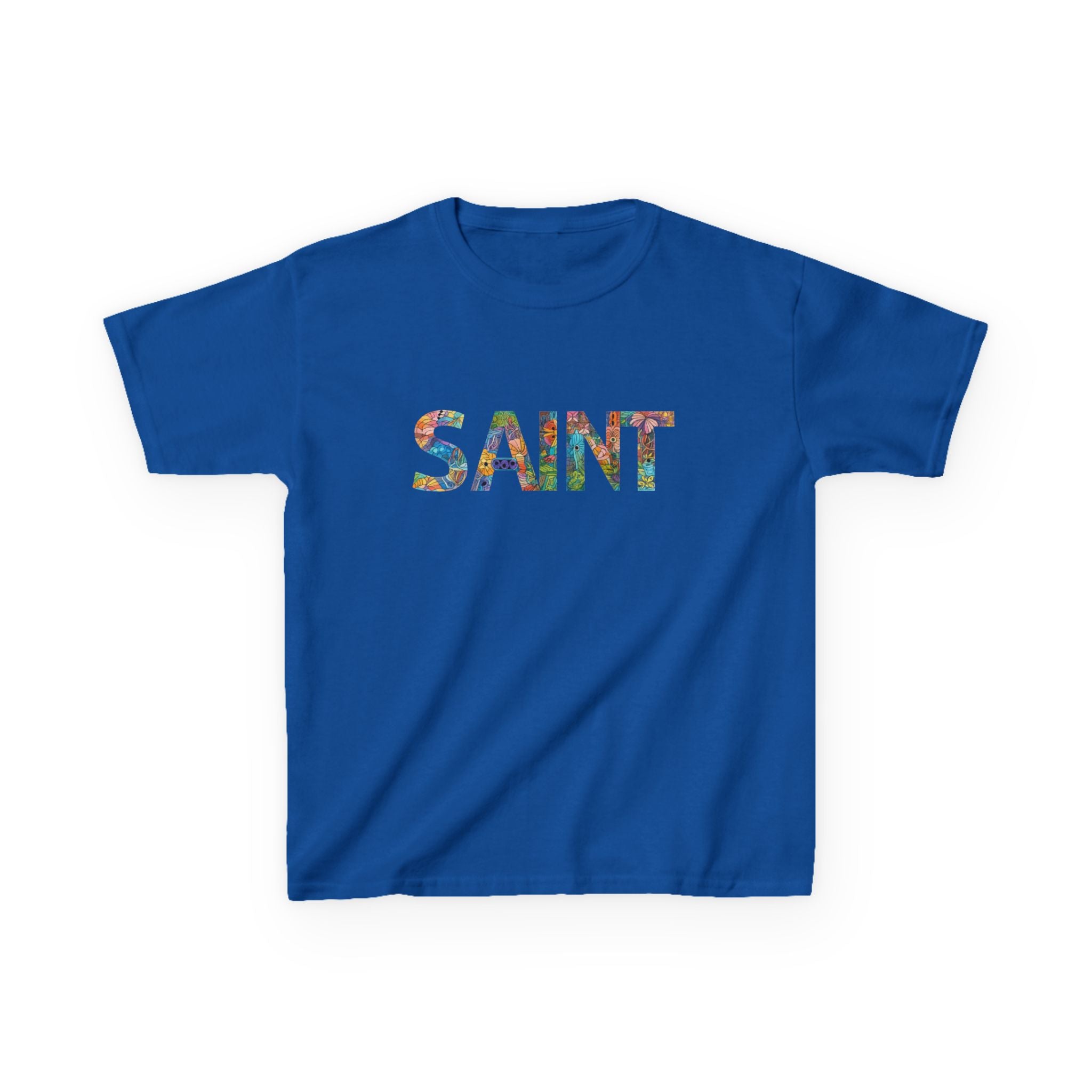 Girls Saint Kids T‑Shirt — Colorful Patterned Lettering Tee for Children