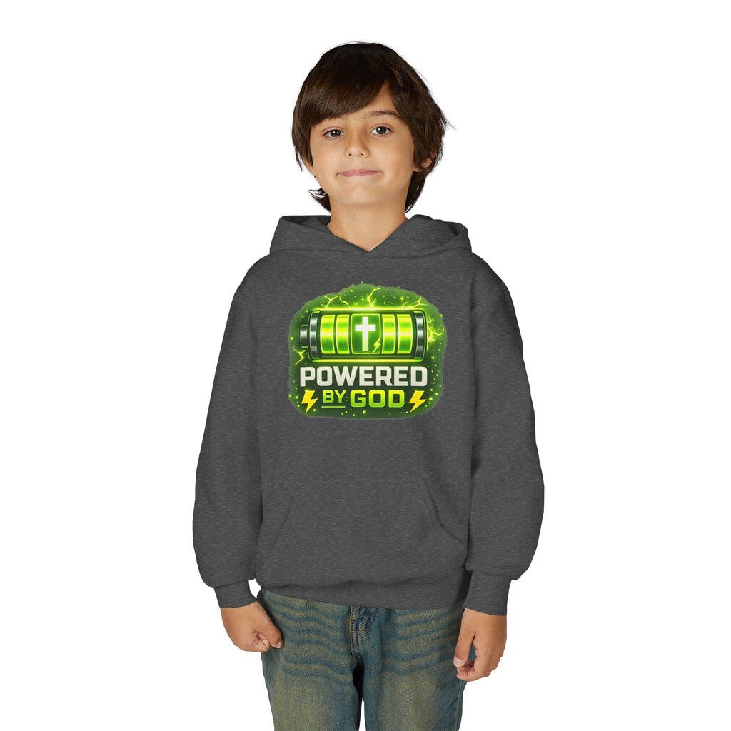 Youth Hoodie — "Powered by God" Green Battery Christian Sweatshirt