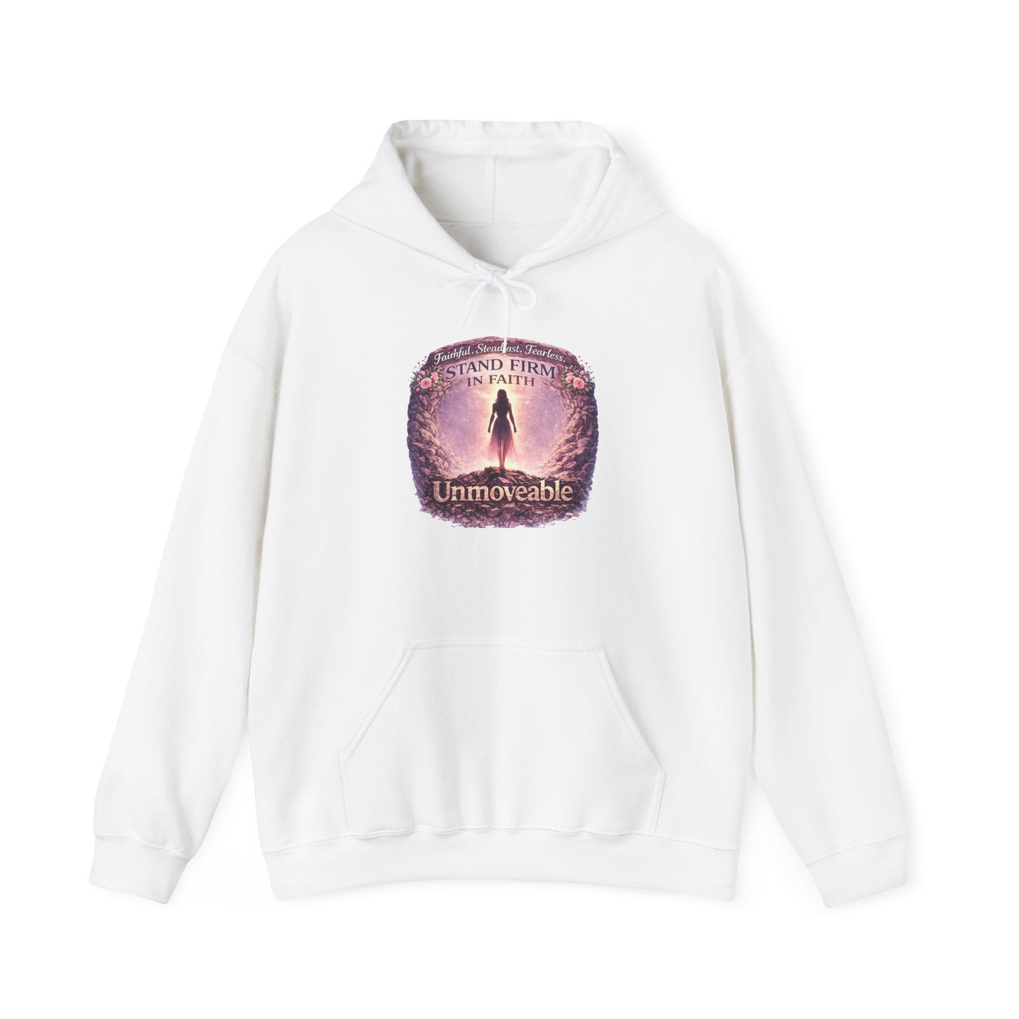 Womens Unmoveable Inspirational Hoodie — "Stand Firm in Faith" Spiritual Graphic Sweatshirt