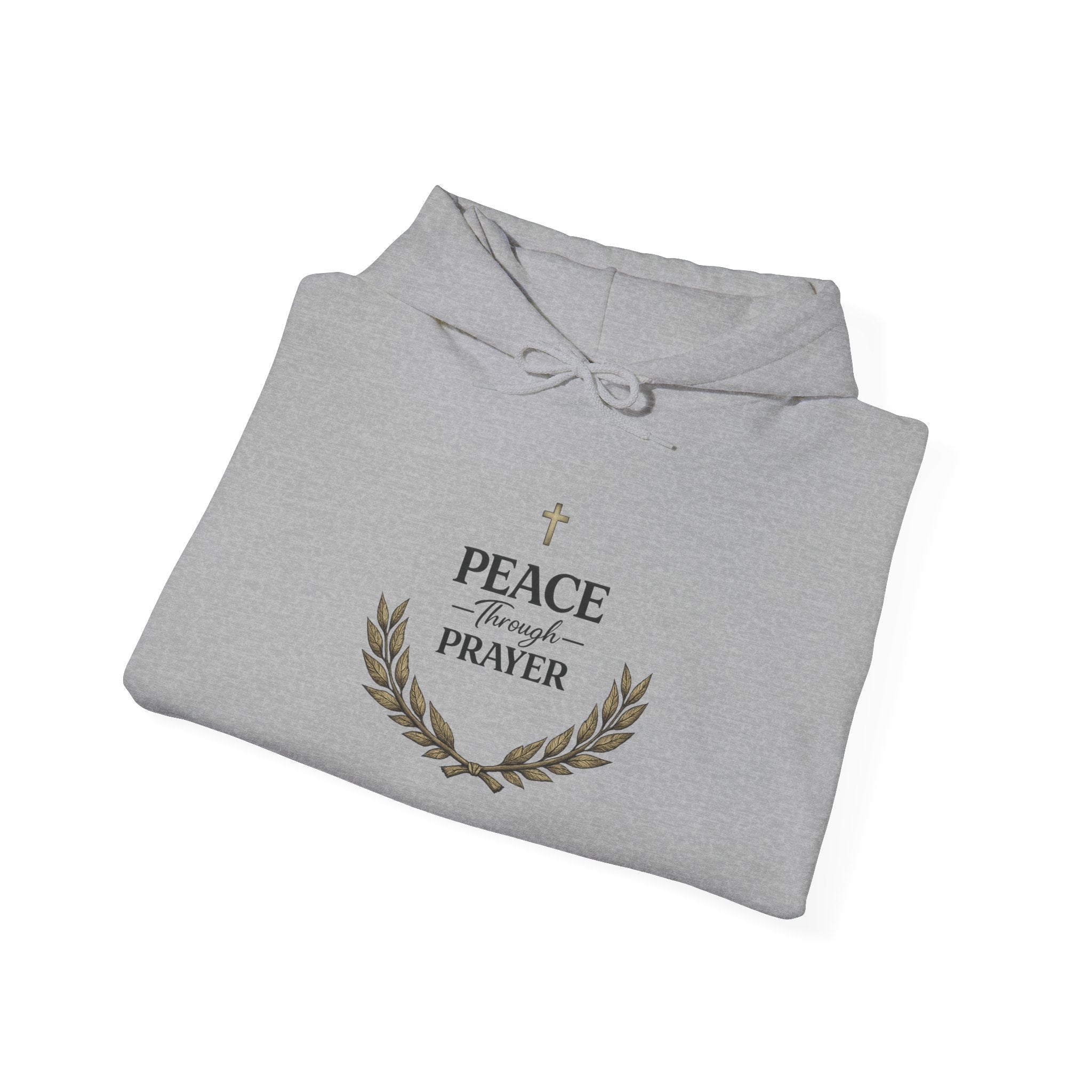 Mens Hoodie "Peace Through Prayer" Religious Laurel Cross Hoodie