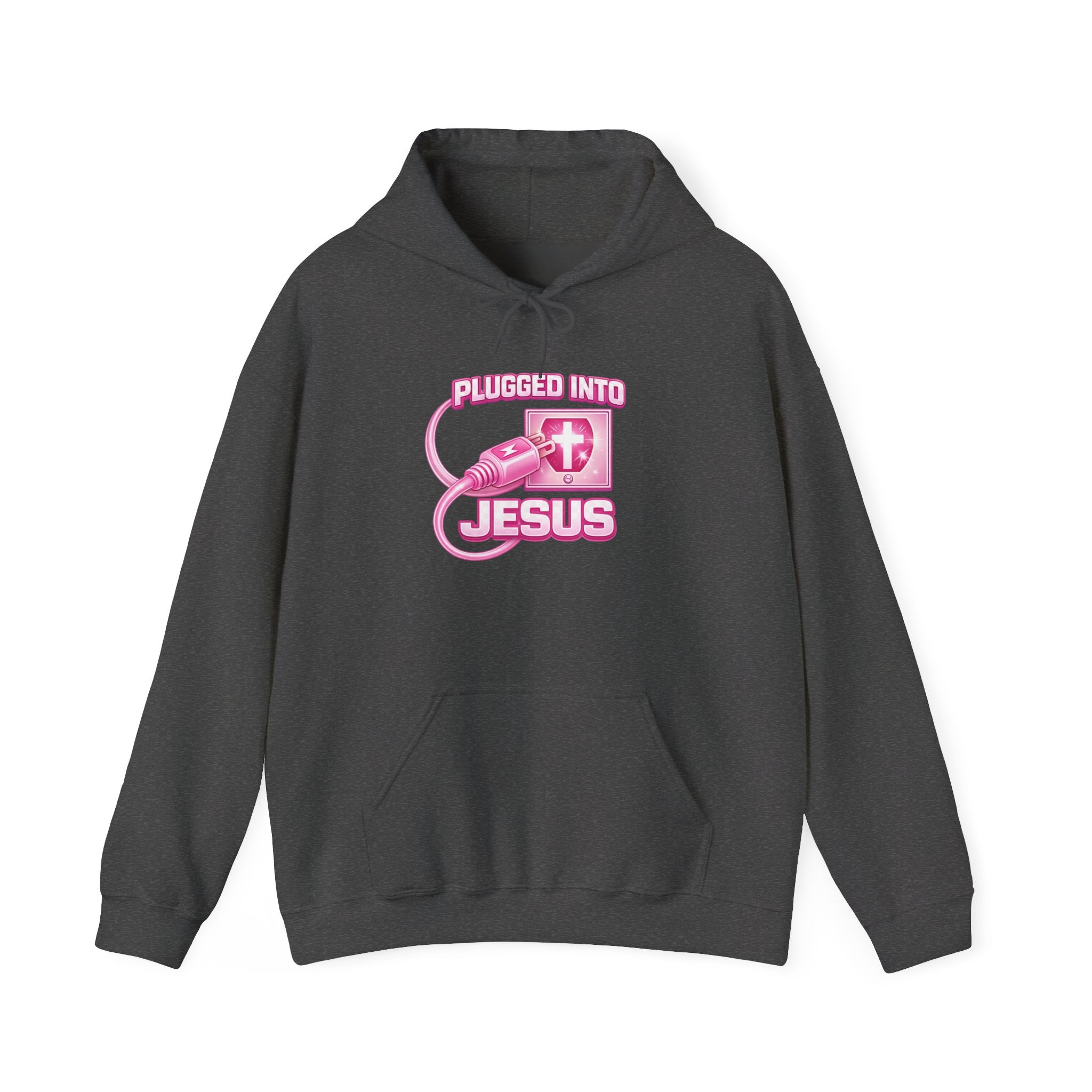Plugged Into Jesus Hoodie — Pink Christian Faith Graphic Sweatshirt