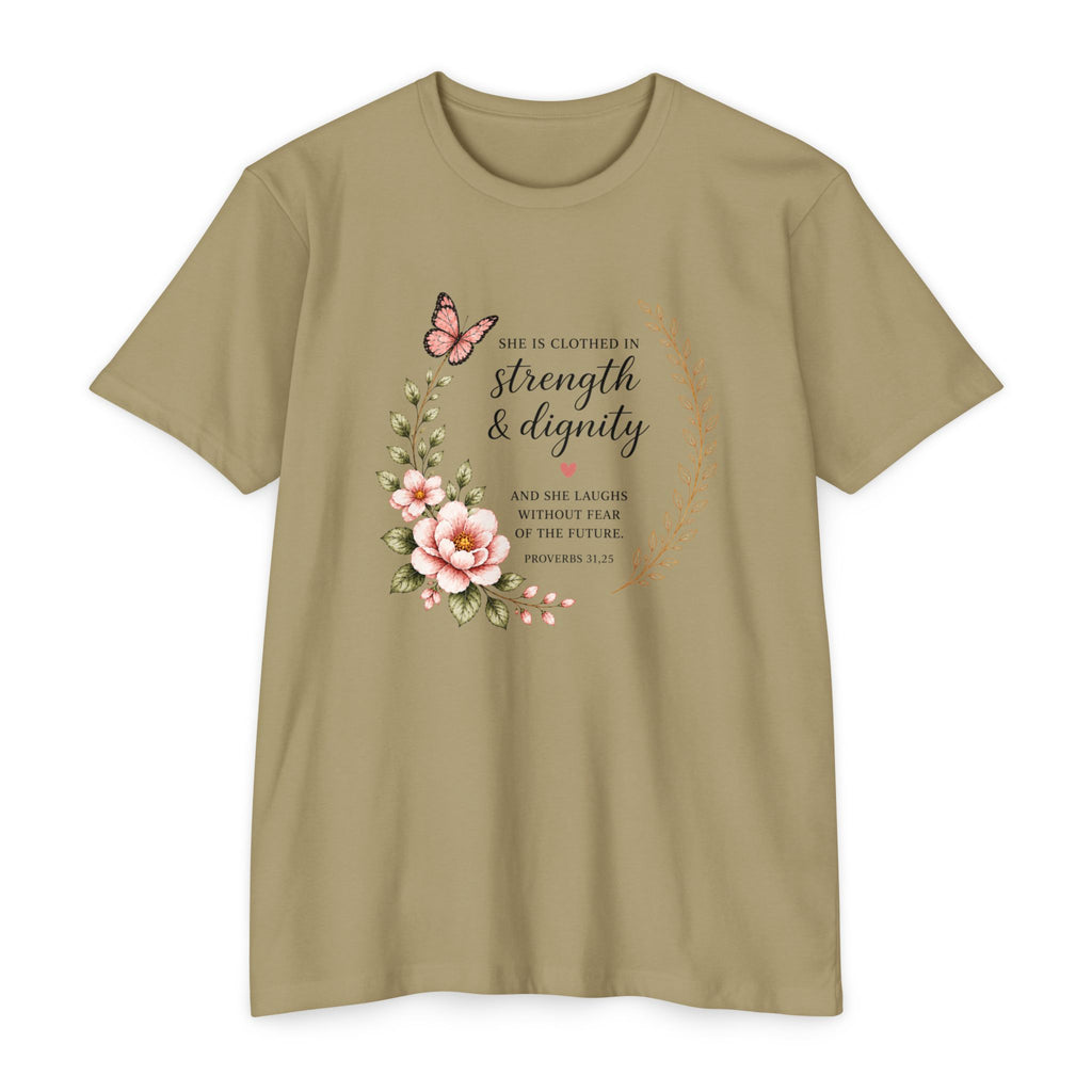 Womens Strength and Dignity Scripture Shirt | Floral Bible Verse Tee