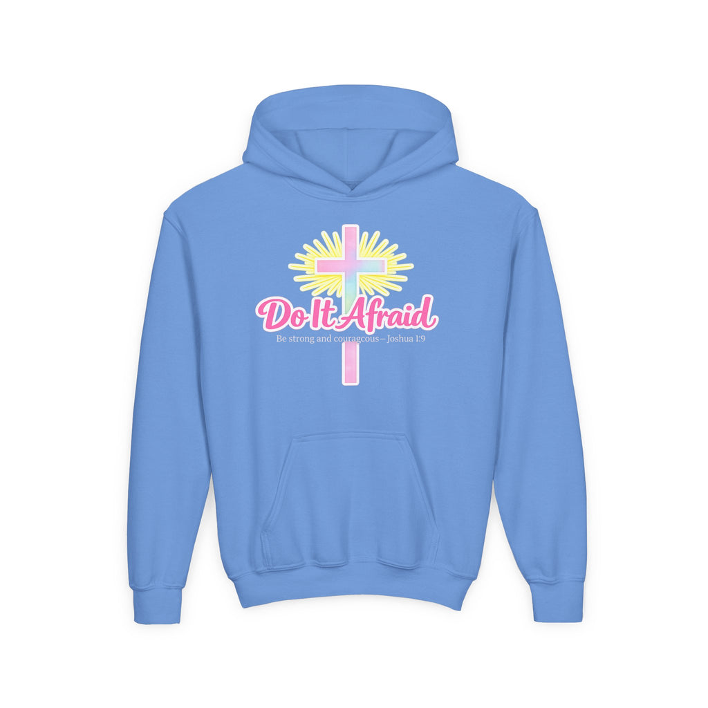Youth Hoodie — "Do It Afraid" Christian Cross Inspirational Sweatshirt (Joshua 1:9)