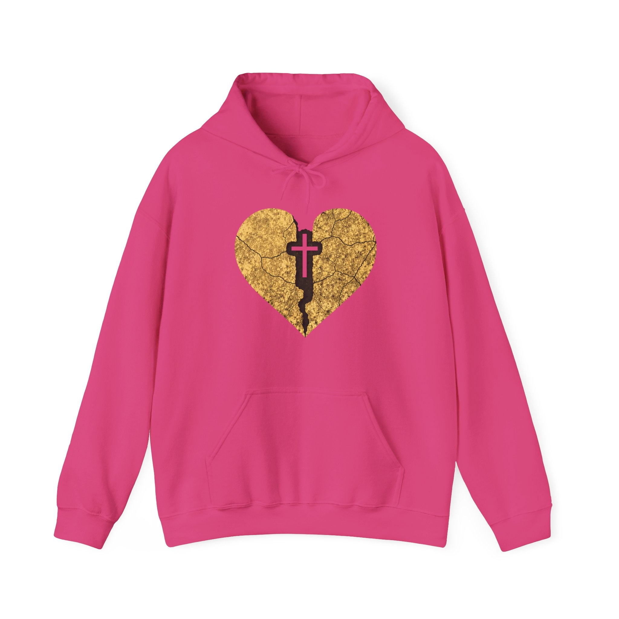Mens Broken Gold Heart Cross Hoodie — Christian Faith Graphic Sweatshirt