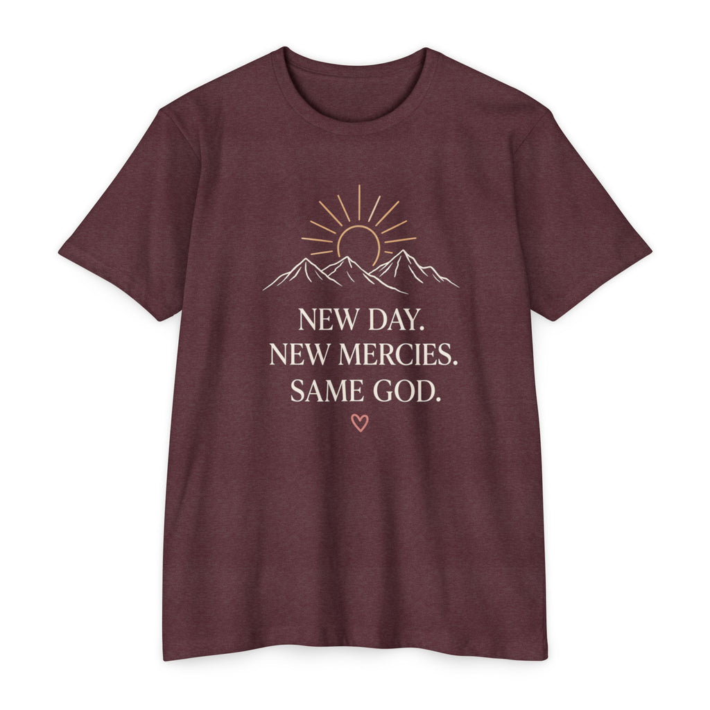 New Day. New Mercies. Same God." Sunrise Mountain Christian Tee