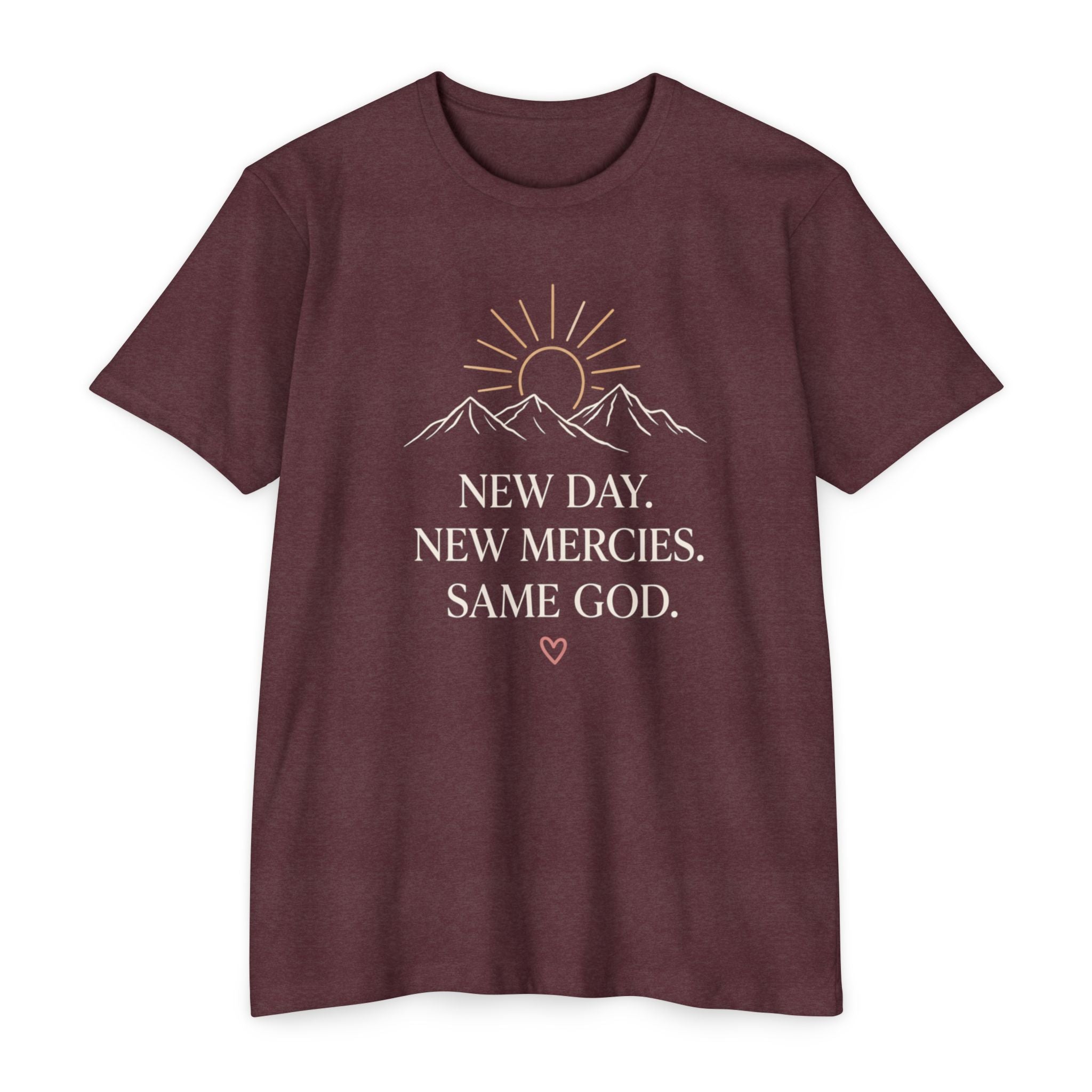 New Day. New Mercies. Same God." Sunrise Mountain Christian Tee