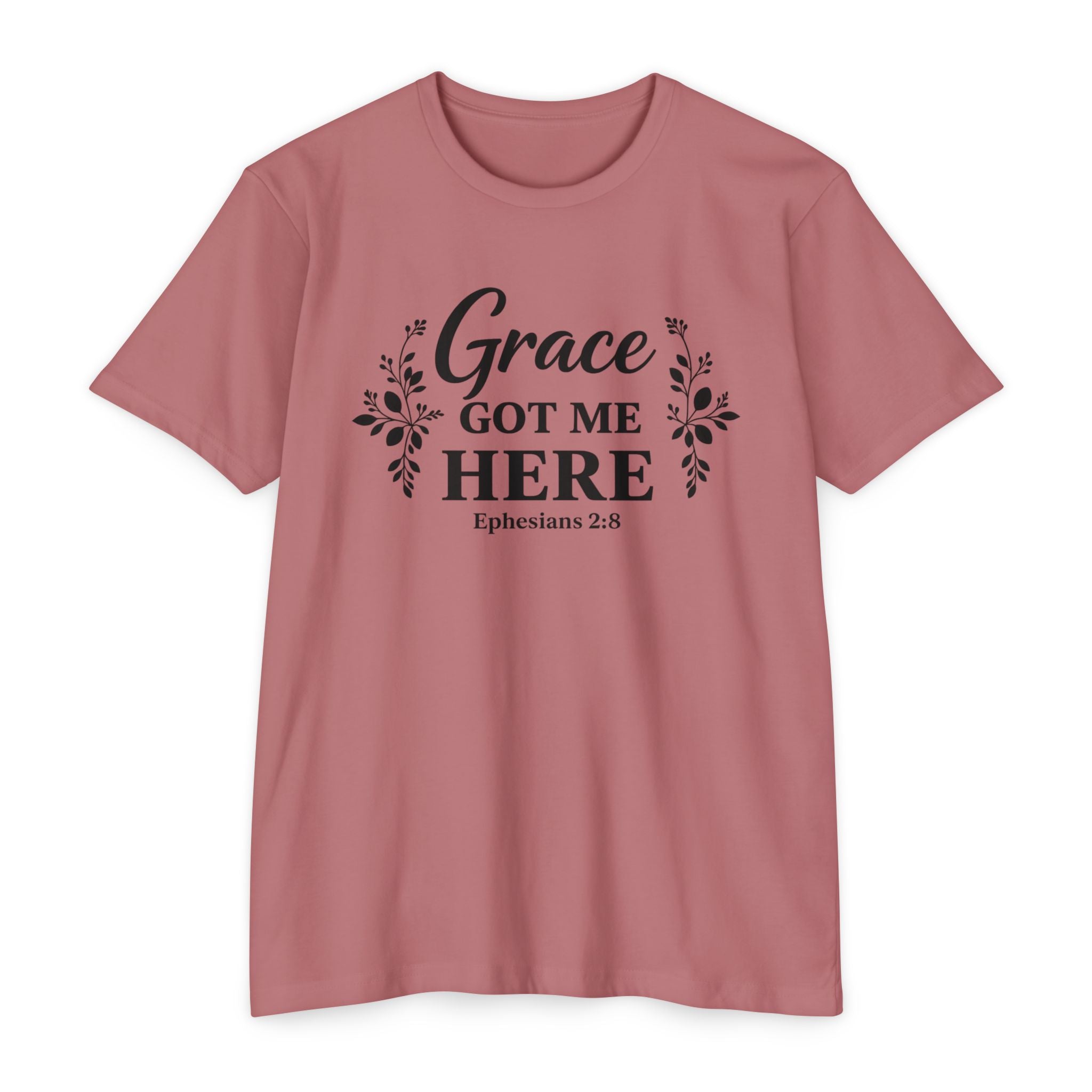 Womens Grace Got Me Here Christian T-Shirt — Ephesians 2:8