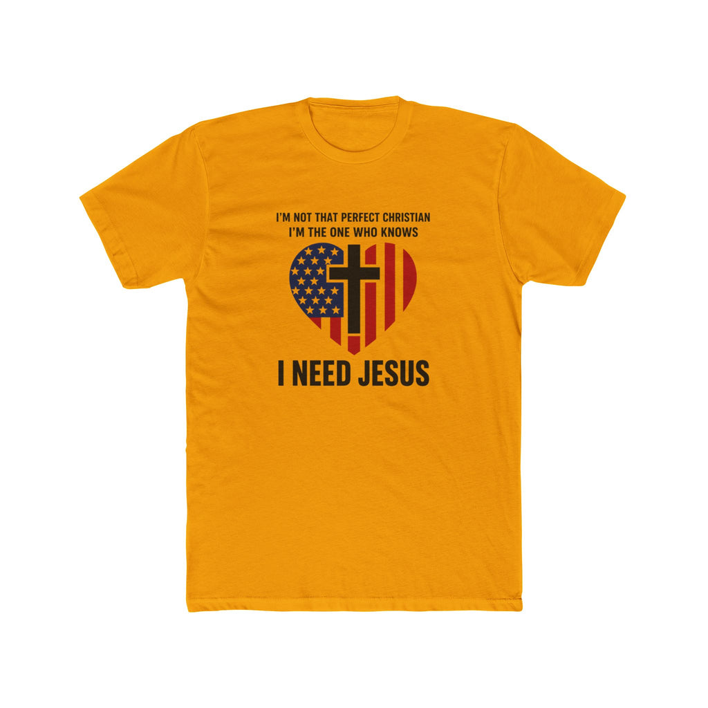 Mens Patriotic Heart Cross Tee  “I Need Jesus” Christian Flag T-Shirt