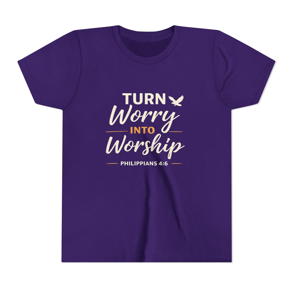 Boys Youth Tee - "Turn Worry Into Worship" Philippians 4:6 Christian Kids Shirt