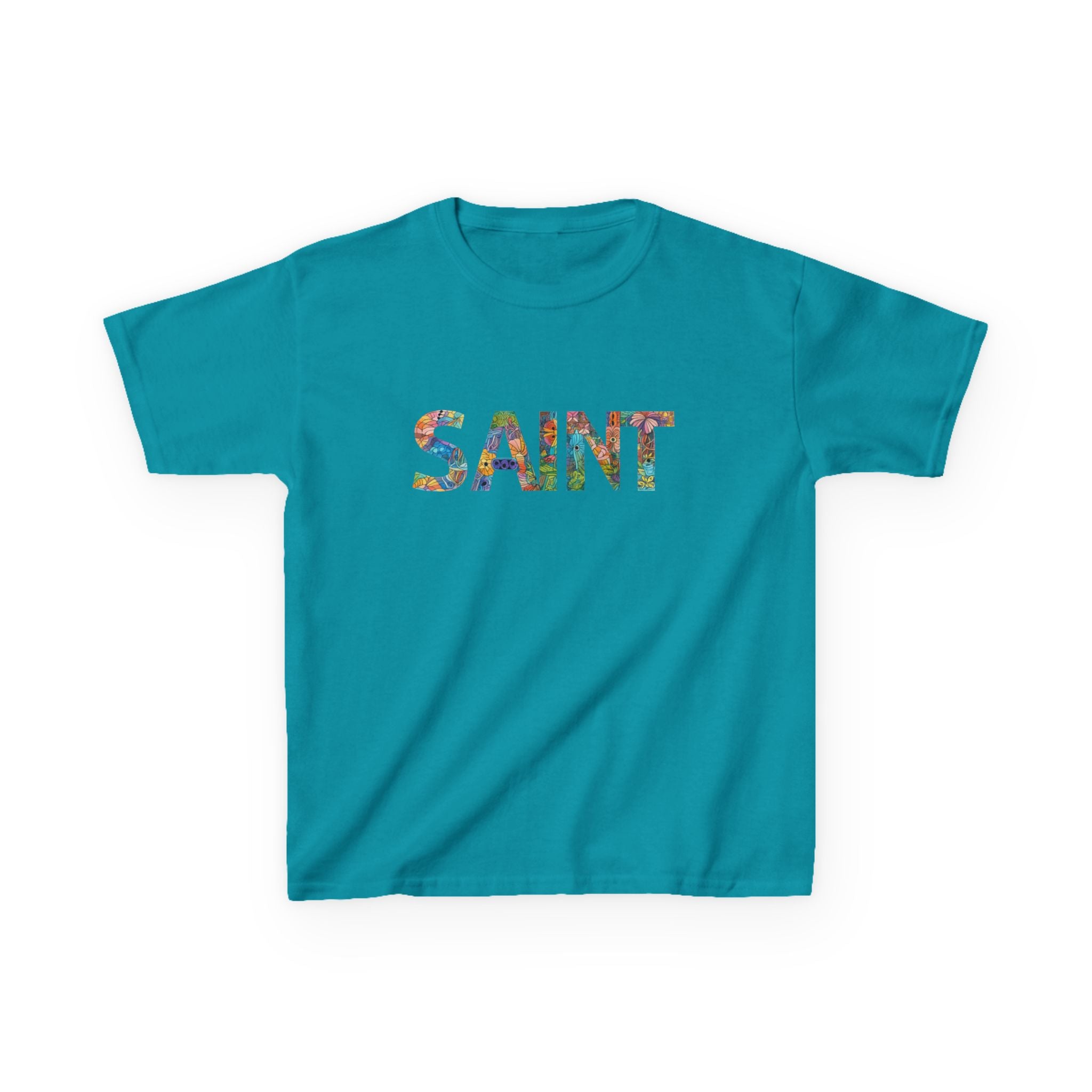 Girls Saint Kids T‑Shirt — Colorful Patterned Lettering Tee for Children