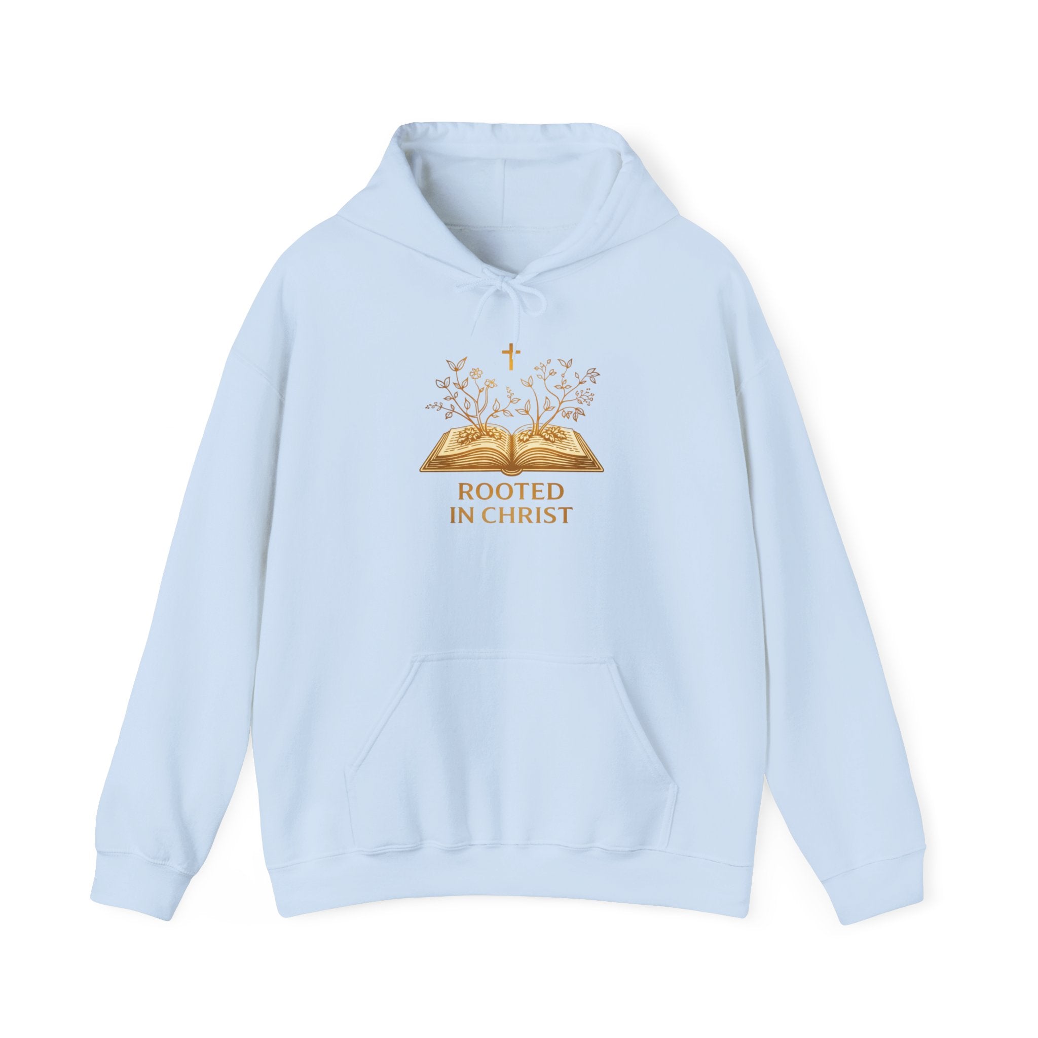 Womens Rooted in Christ Hoodie — Christian Faith Bible Cross Pullover