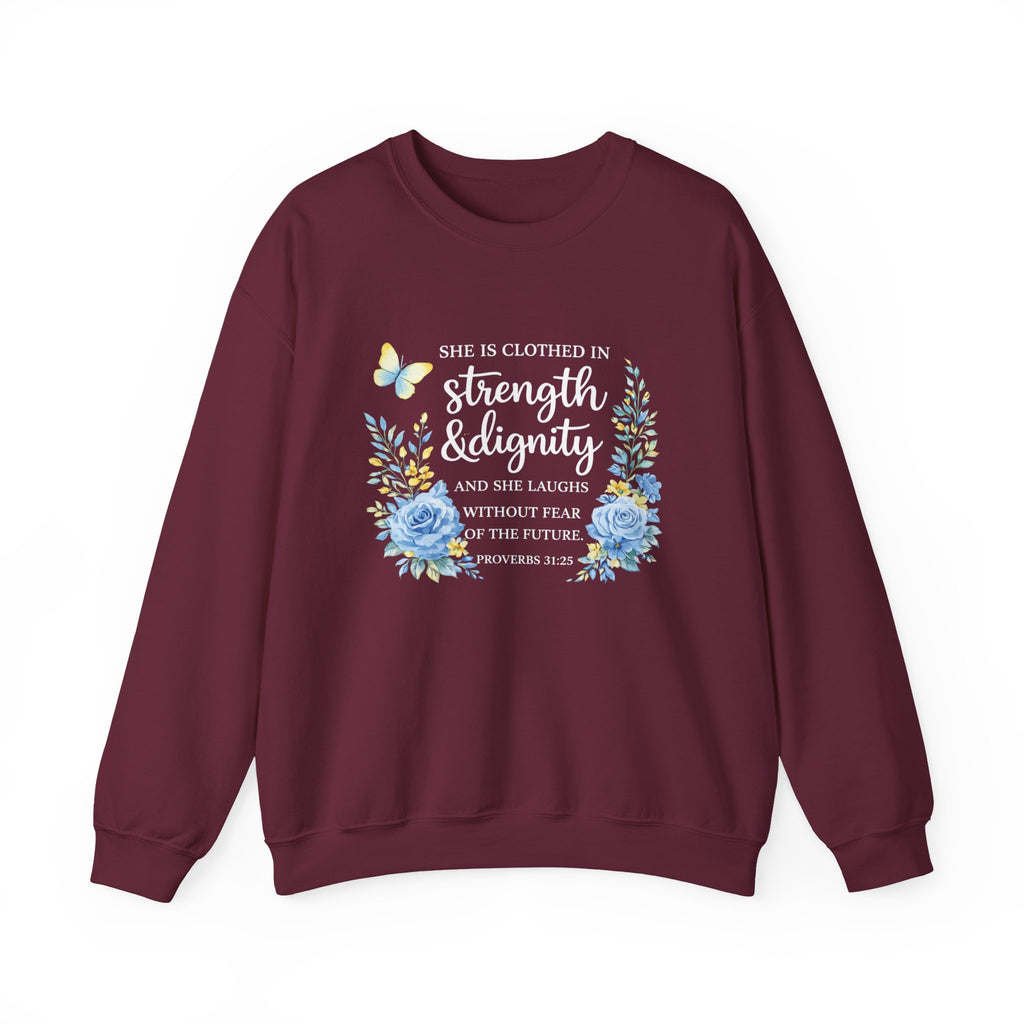 Womens Strength & Dignity Crewneck Sweatshirt — Inspirational Floral Scripture Design