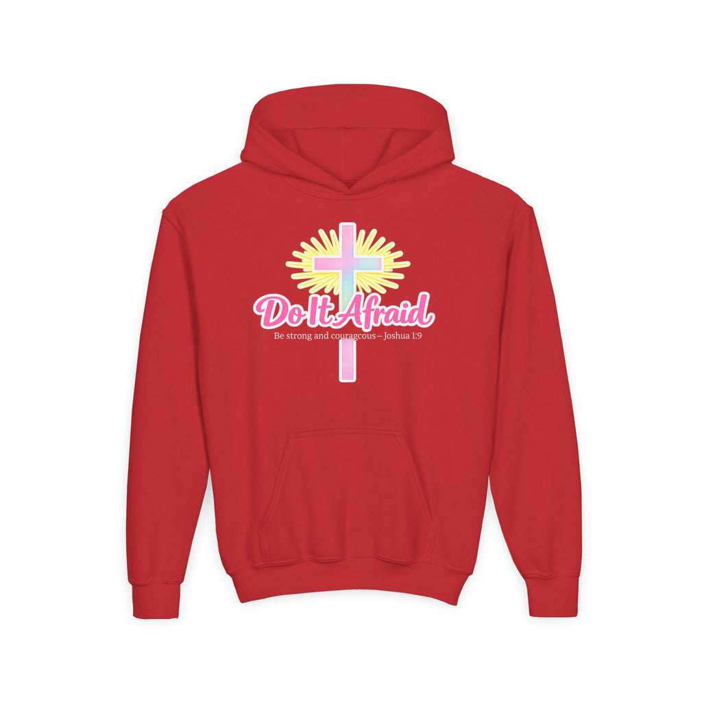 Youth Hoodie — "Do It Afraid" Christian Cross Inspirational Sweatshirt (Joshua 1:9)