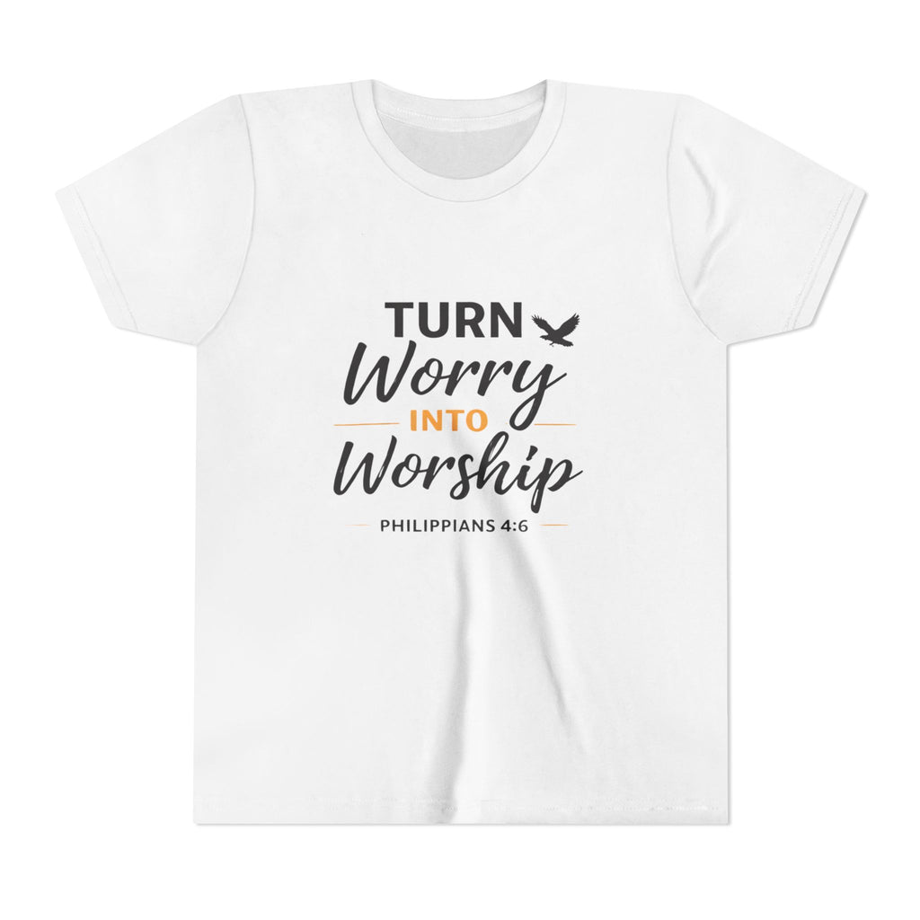 Boys Youth Tee - "Turn Worry Into Worship" Philippians 4:6 Christian Kids Shirt