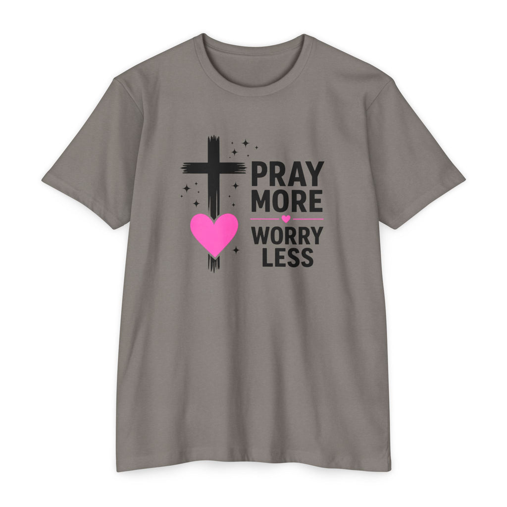 Womens Pray More Worry Less Heart  T-shirt | Faith Christian tee