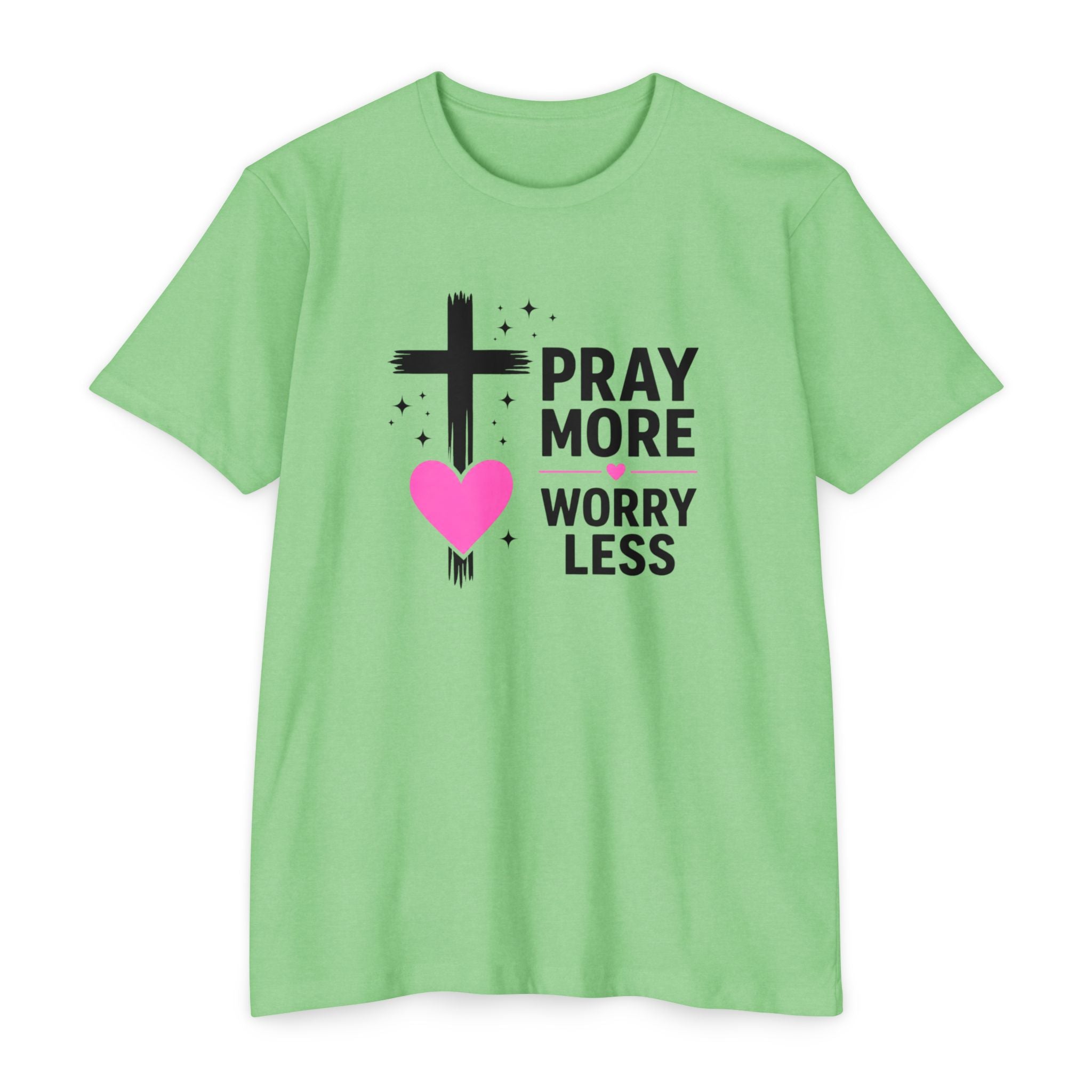 Womens Pray More Worry Less Heart  T-shirt | Faith Christian tee