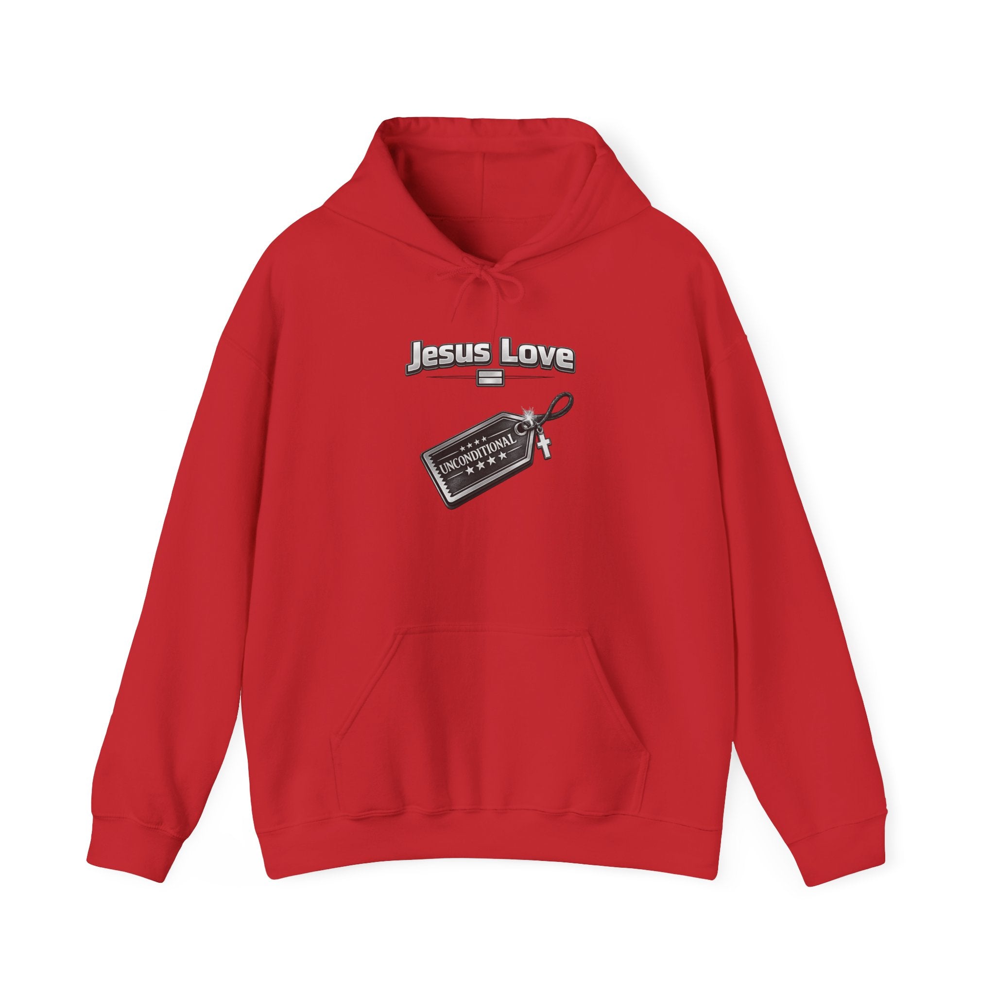 Jesus Love Hoodie with Cross & Tag Graphic — Christian Faith Pullover