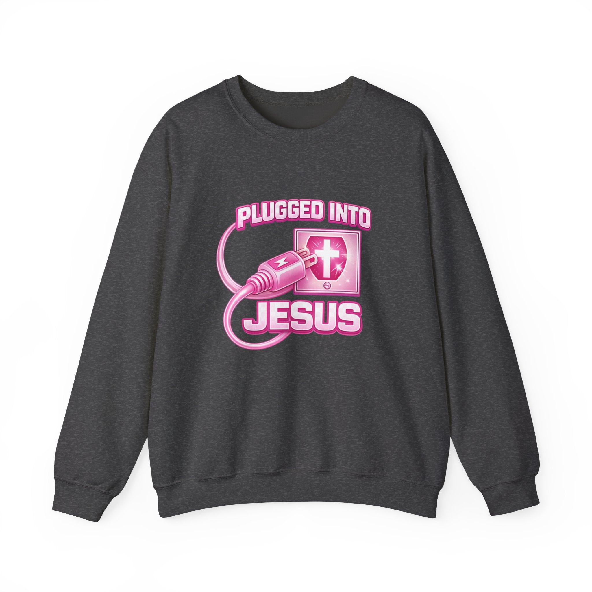 Womens Christian Crewneck Sweatshirt — "Plugged Into Jesus" Pink Graphic