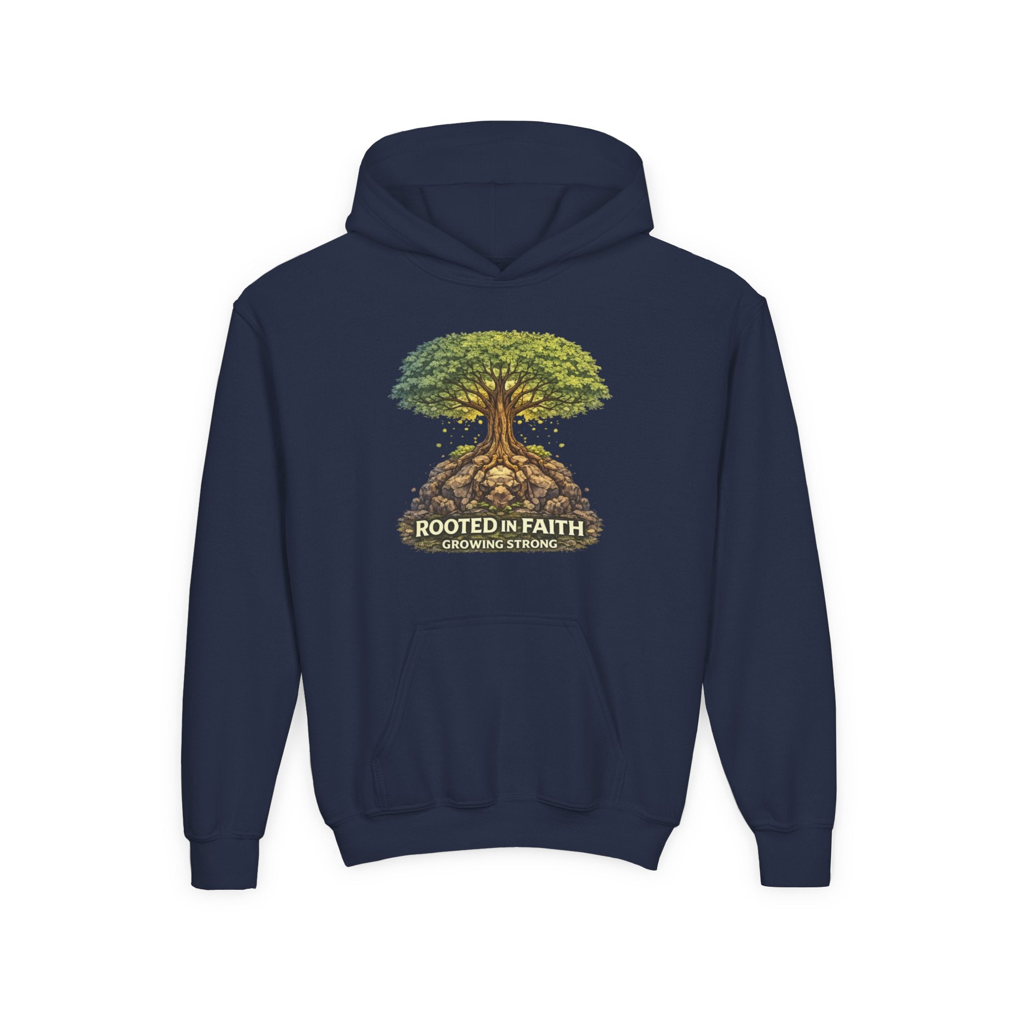 Rooted in Faith Youth Hoodie — Tree of Life Christian Sweatshirt