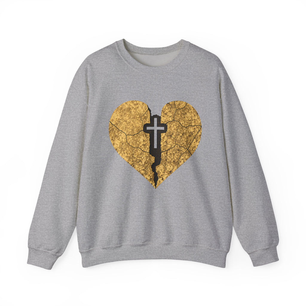 Womens Heart Crack Cross Crewneck Sweatshirt — Gold Distressed Christian Faith Pullover