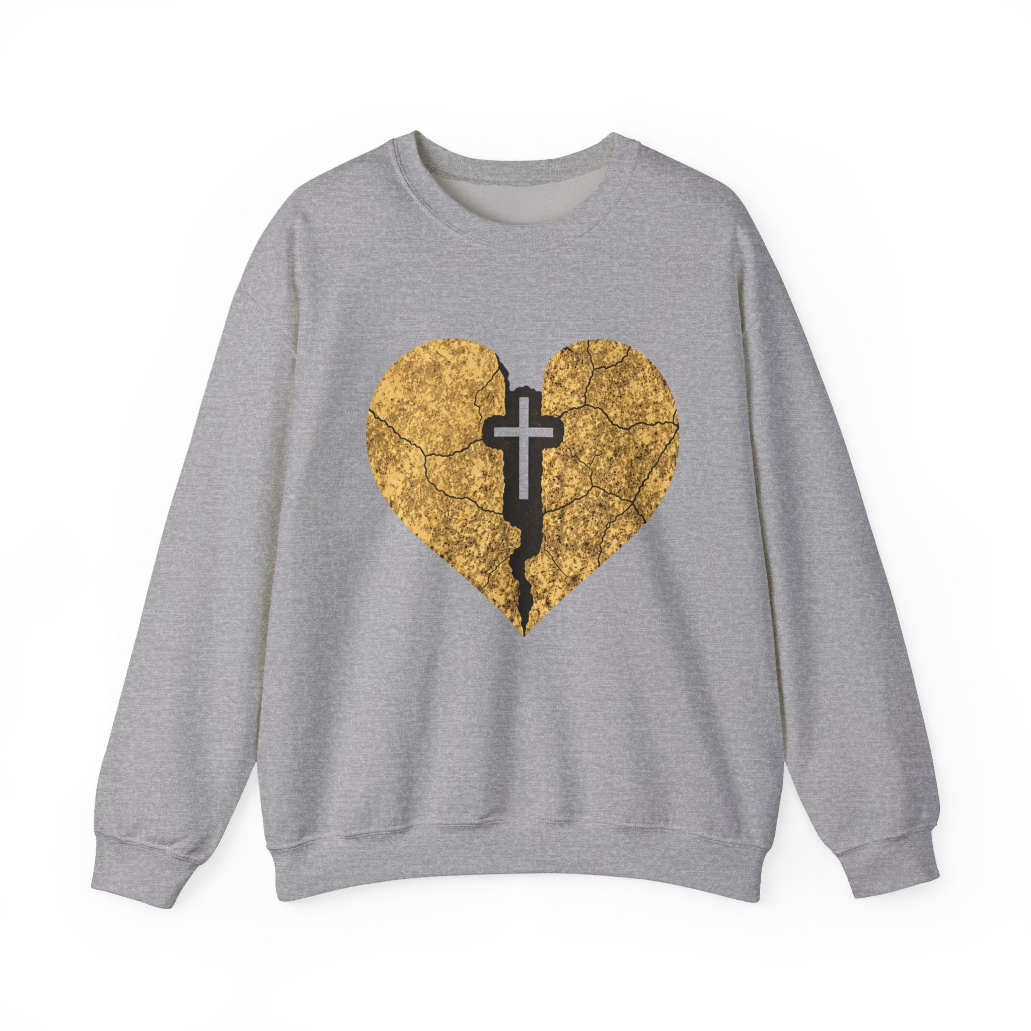 Womens Heart Crack Cross Crewneck Sweatshirt — Gold Distressed Christian Faith Pullover