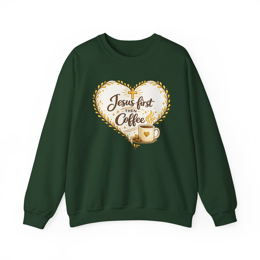 Womens Jesus First Then Coffee Sweatshirt — Christian Coffee Lover Crewneck