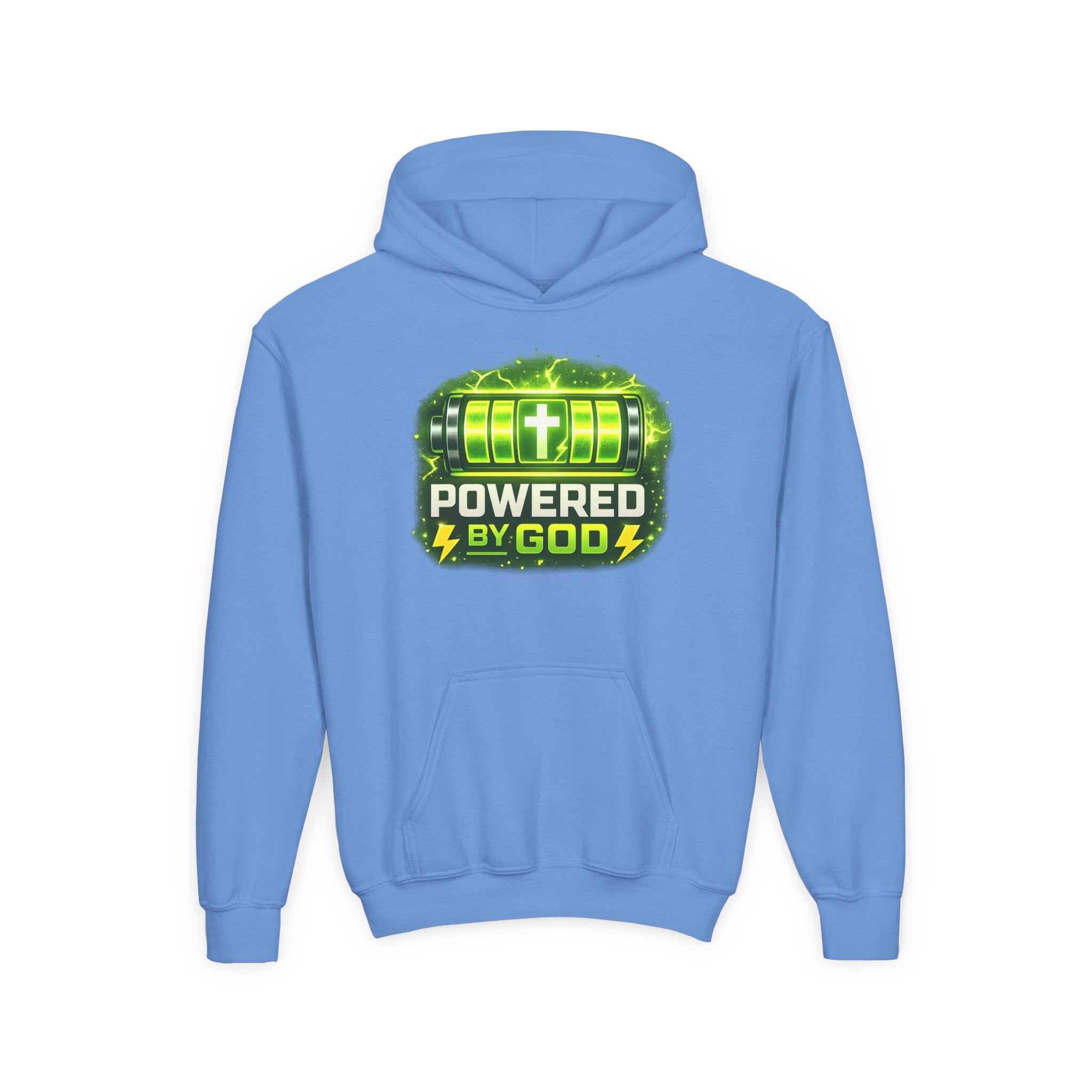Youth Hoodie — "Powered by God" Green Battery Christian Sweatshirt