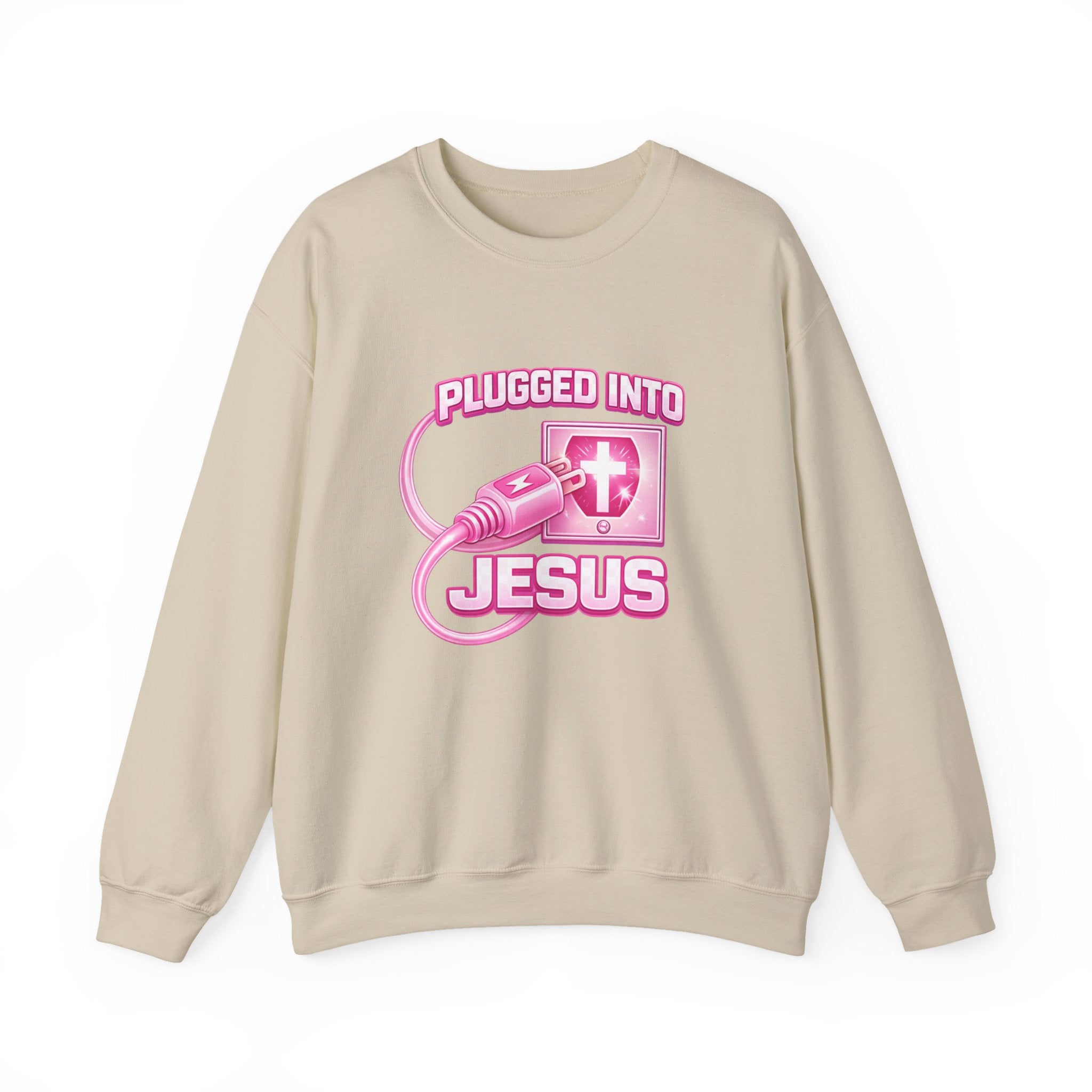 Womens Christian Crewneck Sweatshirt — "Plugged Into Jesus" Pink Graphic