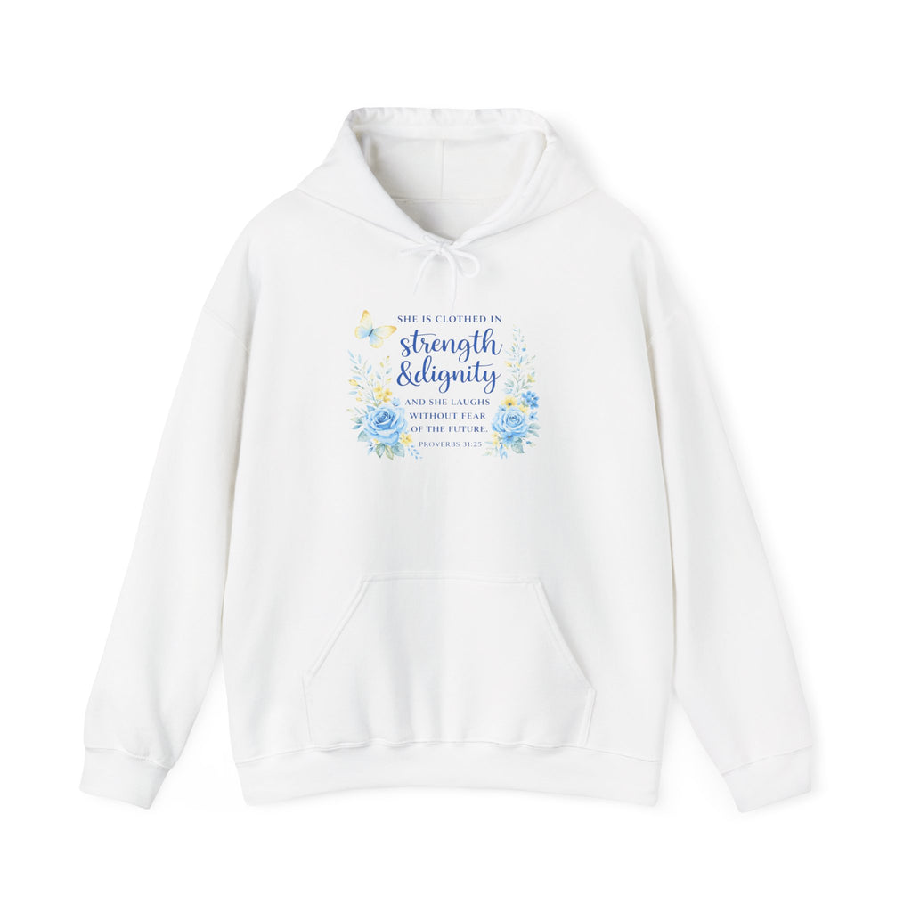 Womens Inspirational Floral Hoodie — "Strength & Dignity" Scripture Sweatshirt