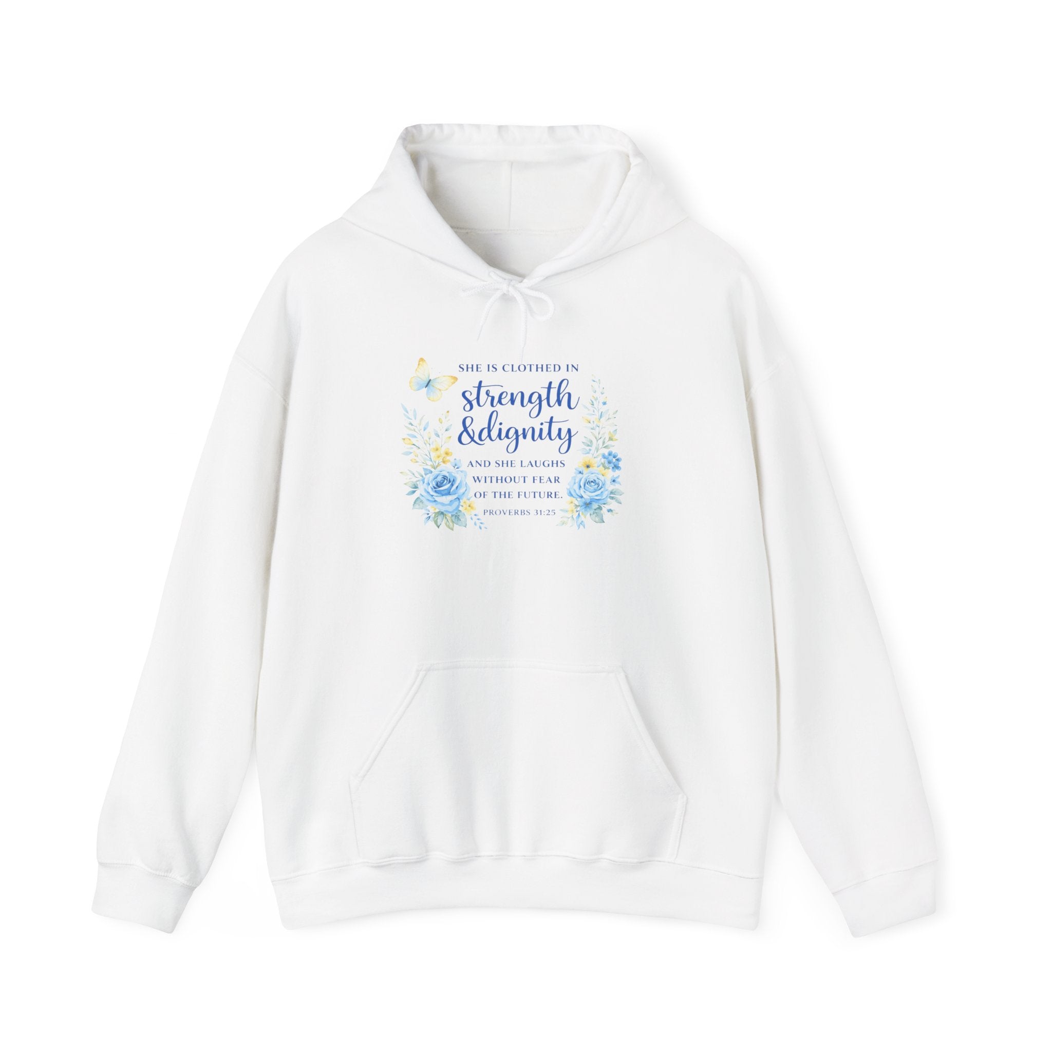 Womens Inspirational Floral Hoodie — "Strength & Dignity" Scripture Sweatshirt