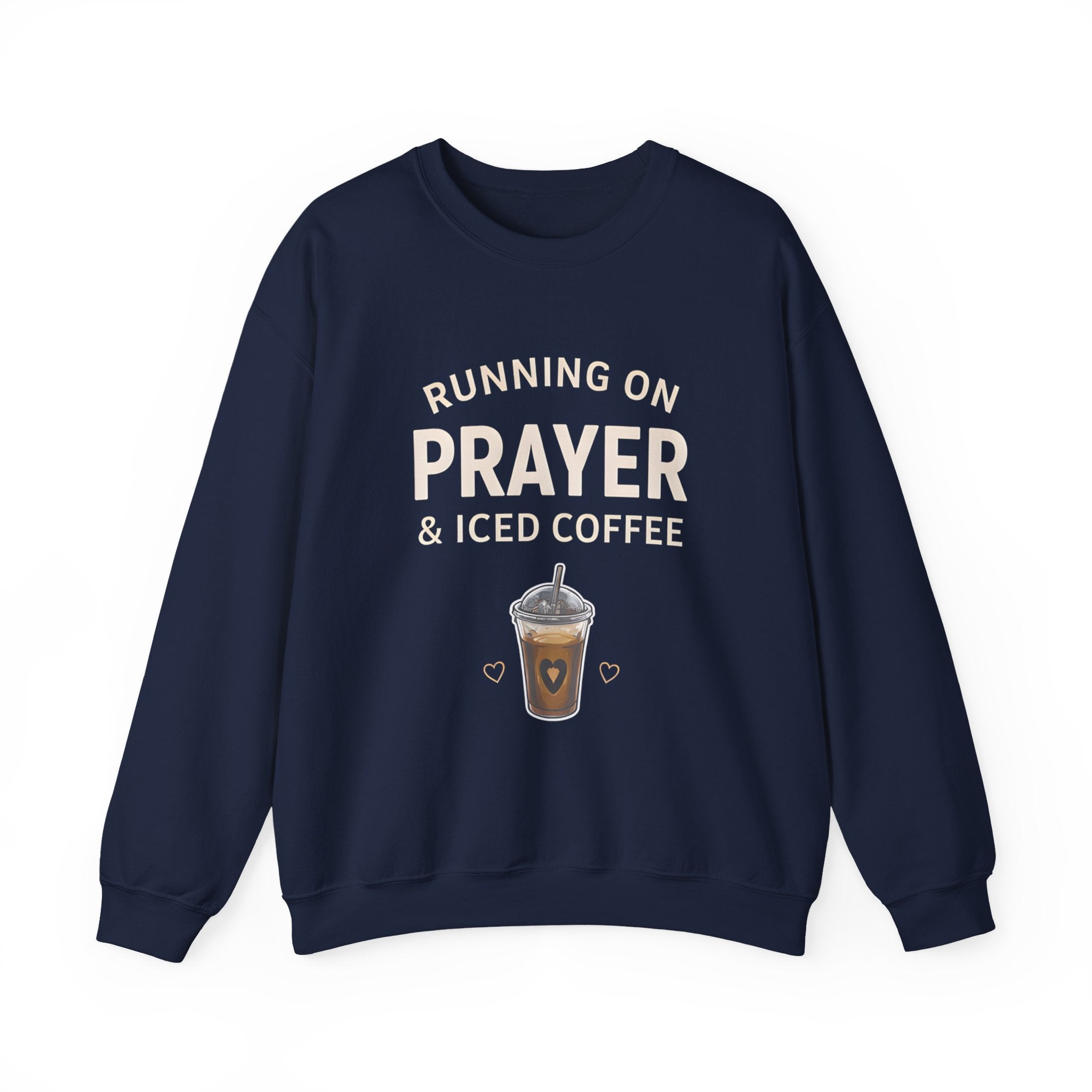 Womens Sweatshirt – "Running on Prayer & Iced Coffee" Crewneck