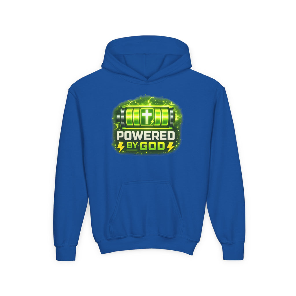 Youth Hoodie — "Powered by God" Green Battery Christian Sweatshirt