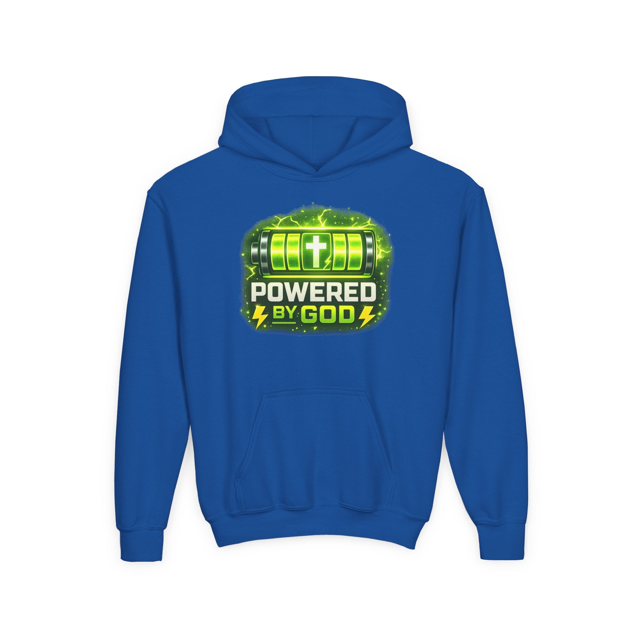 Youth Hoodie — "Powered by God" Green Battery Christian Sweatshirt