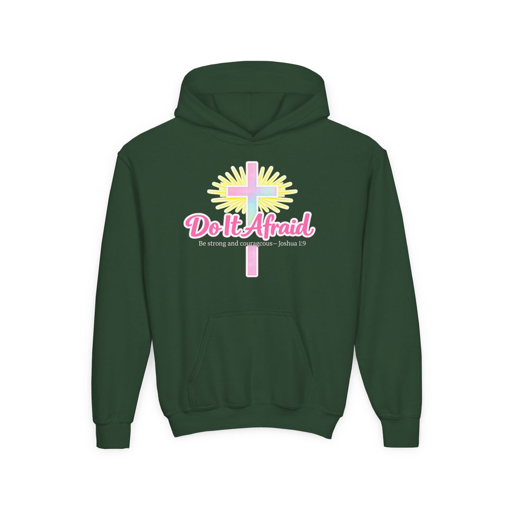 Youth Hoodie — "Do It Afraid" Christian Cross Inspirational Sweatshirt (Joshua 1:9)